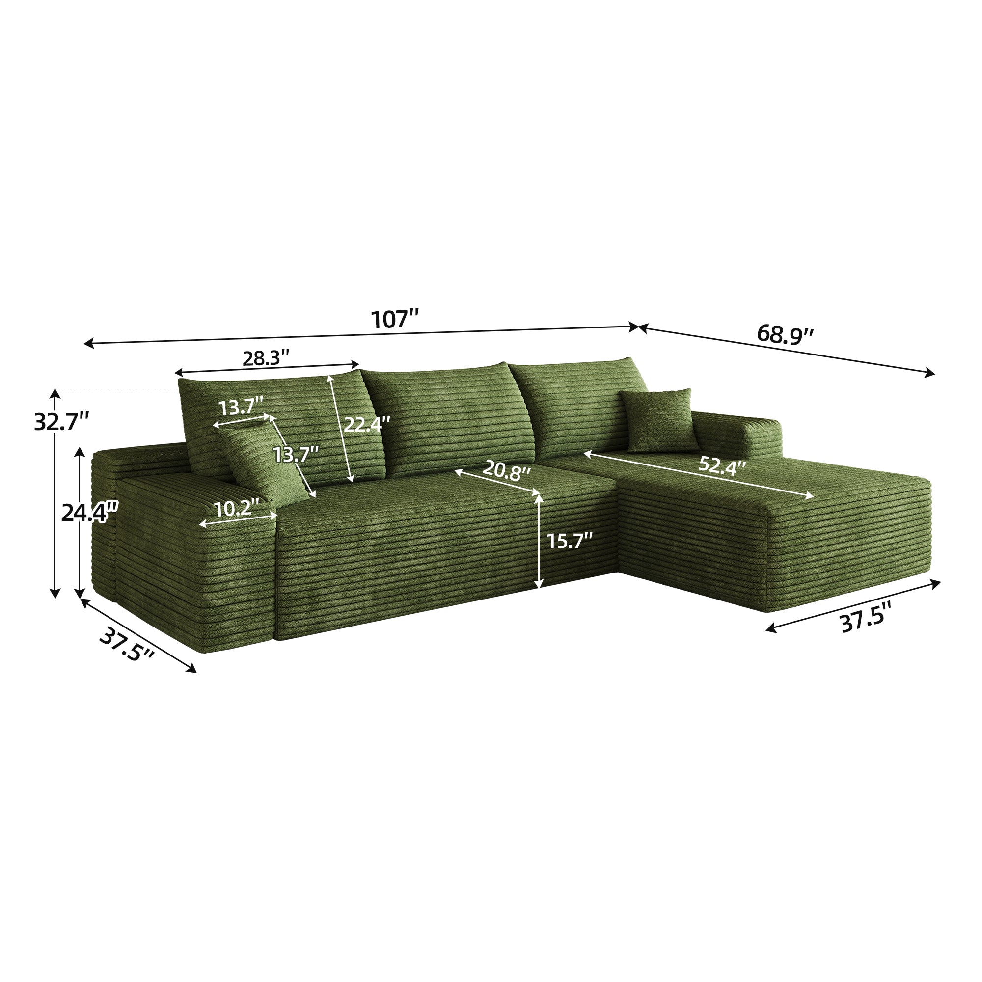 Green modular corduroy sectional couch in living room, styled view