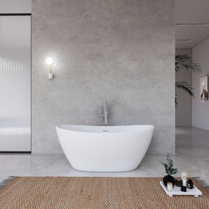 61 inch freestanding solid surface soaking bathtub, white, front angled view