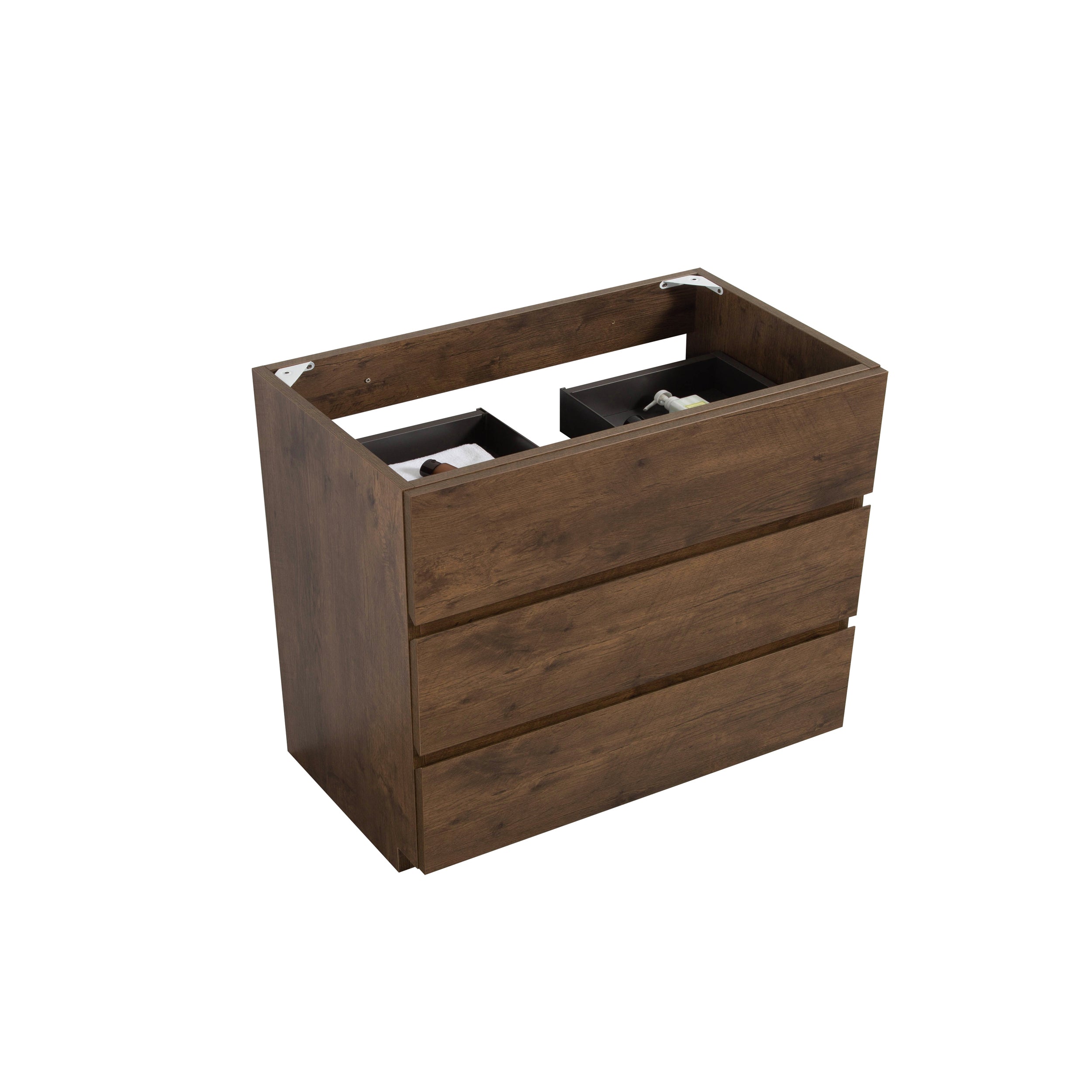Alice-30F-105,Floor cabinet WITHOUT basin, Walnut color, With three drawers, Pre-assembled