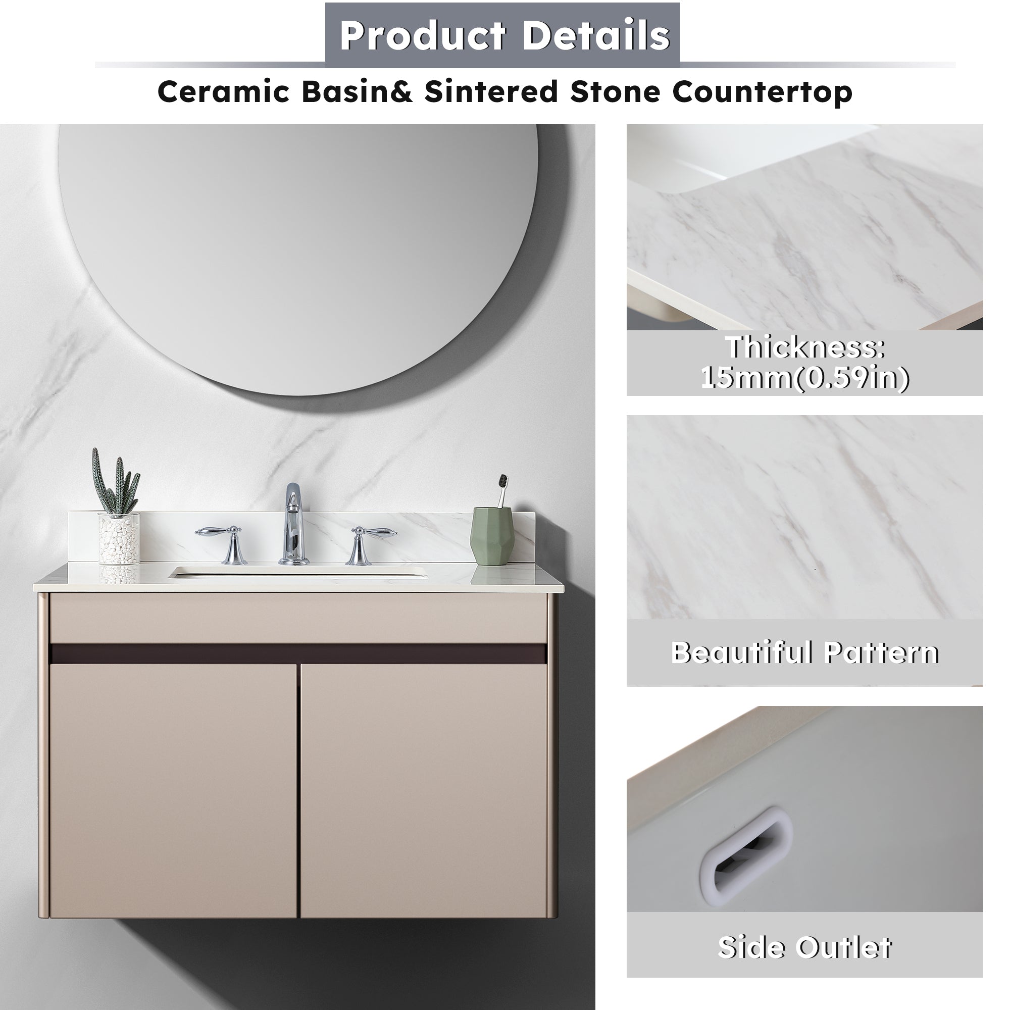 37 Inch Marble Vanity Top, White Vanity Top with Pre-drilled Faucet Holes, Bathroom Vanity Top with Undermount Rectangular Middle Sink and 4" Height Backsplash,  Bianco Carrara Venato