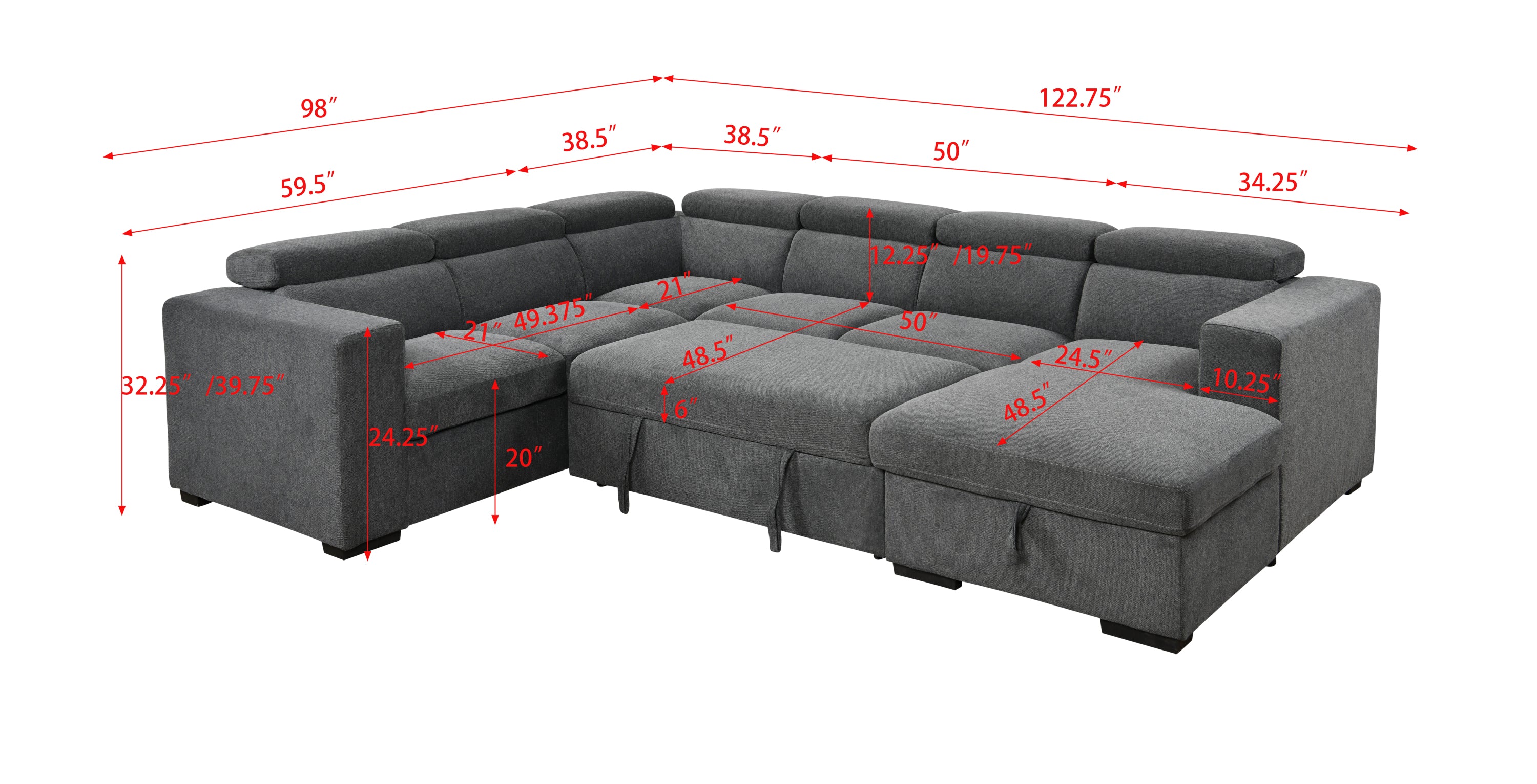 123" 4 in 1 Modern U-Shaped 7-seat Sectional Sofa Couch with Adjustable Headrest, Sofa Bed with Storage Chaise,Pull Out Couch Bed for Living Room ,Dark Gray