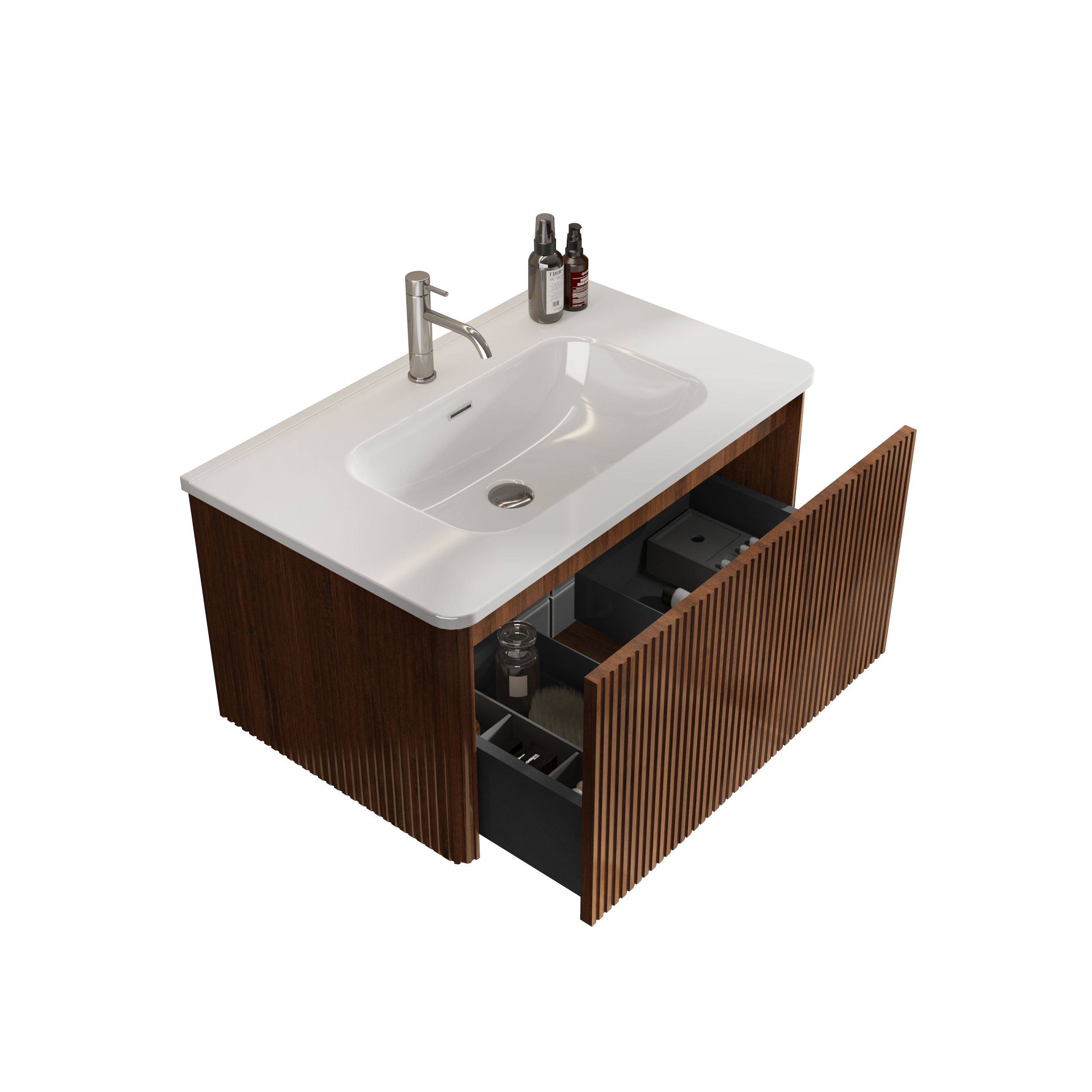 U047-Etna30W-305 Etna 30" Striped Walnut Bathroom Vanity with White Ceramic Sink, Wall Mounted Floating Bathroom Vanity for Modern Bathroom, Pre-assembled