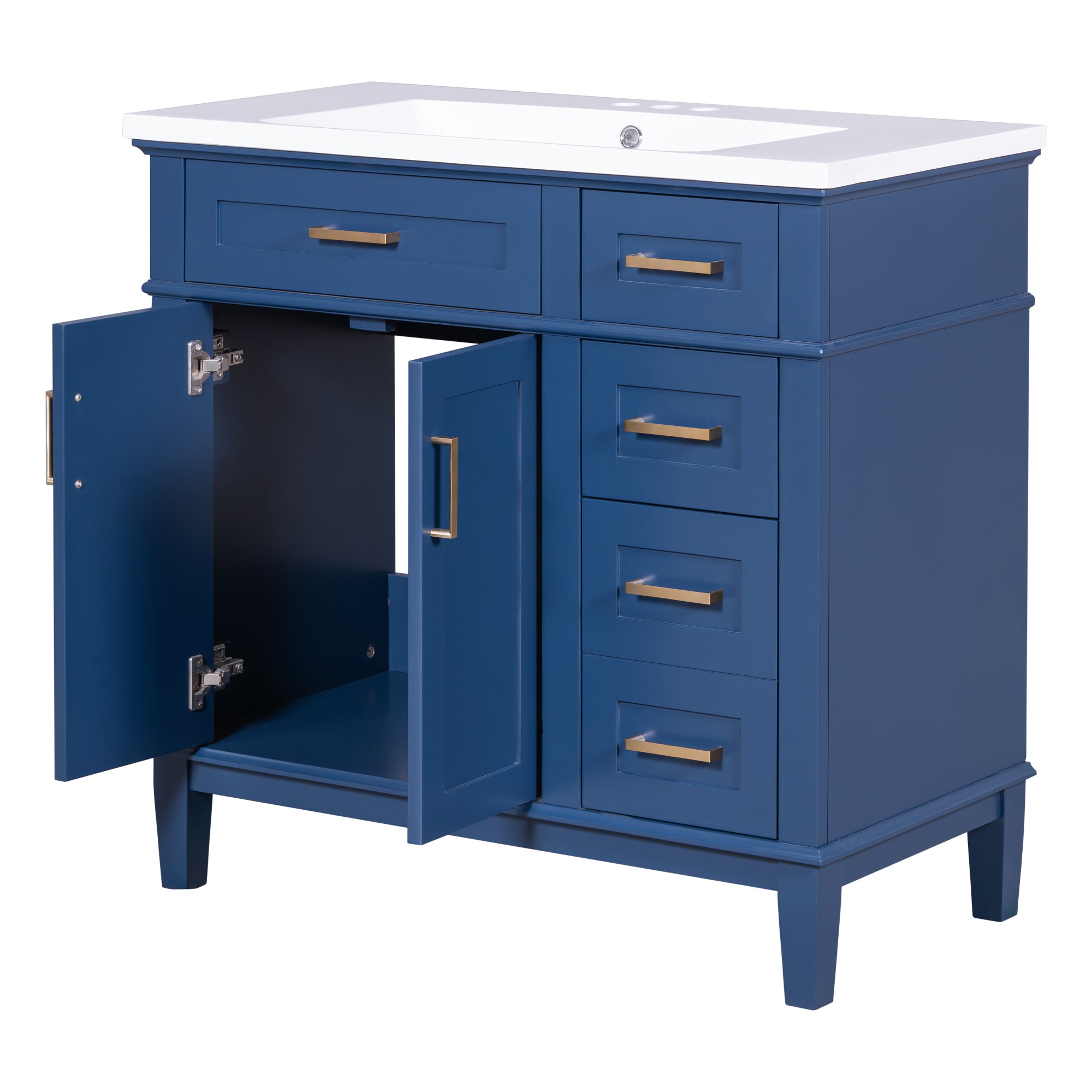 36-inch Bathroom Vanity with Resin Sink, Modern Bathroom Cabinet in Blue, Featuring Two Soft Close Doors and Four Drawers