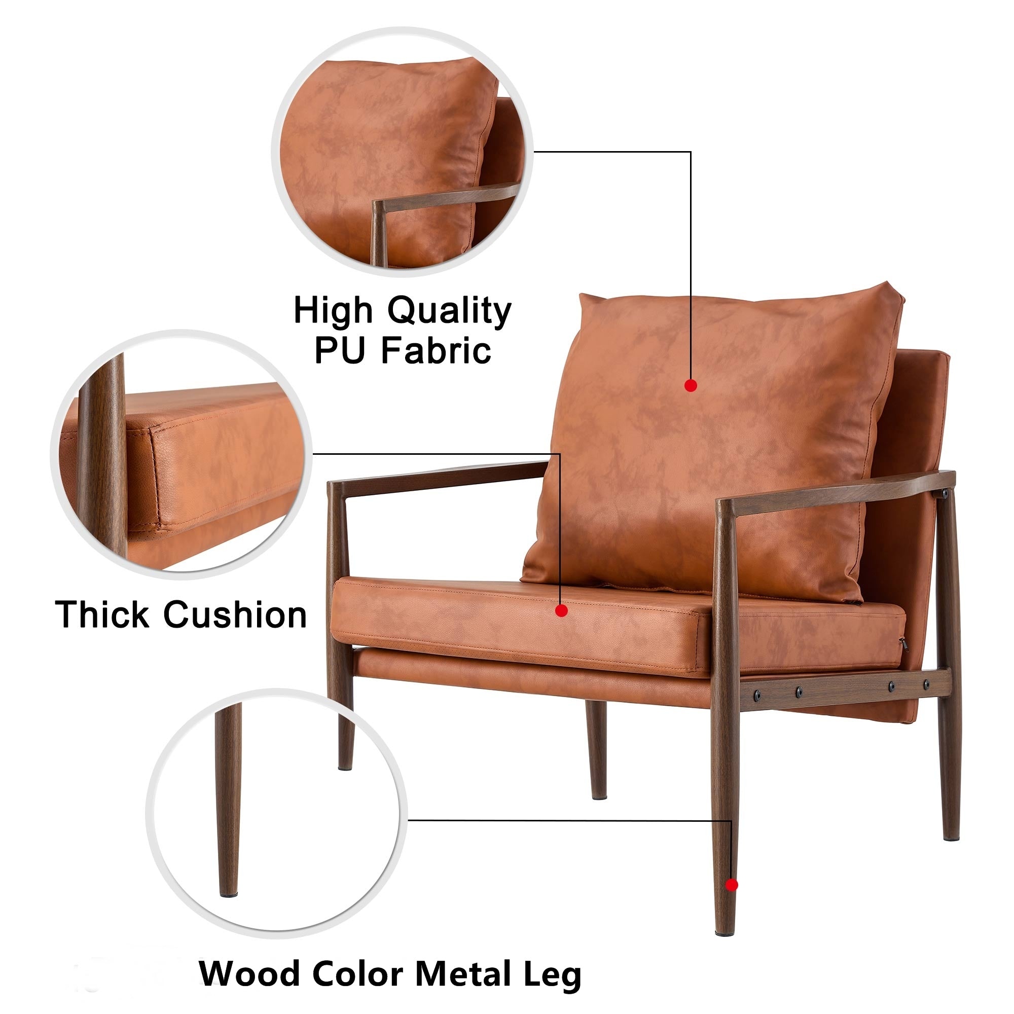 PU Leather Accent Arm Chair Mid Century Modern Upholstered Armchair with Imitation solid wood Walnut color Metal Frame Extra-Thick Padded Backrest and Seat Cushion Sofa Chairs for Living Room SF-010