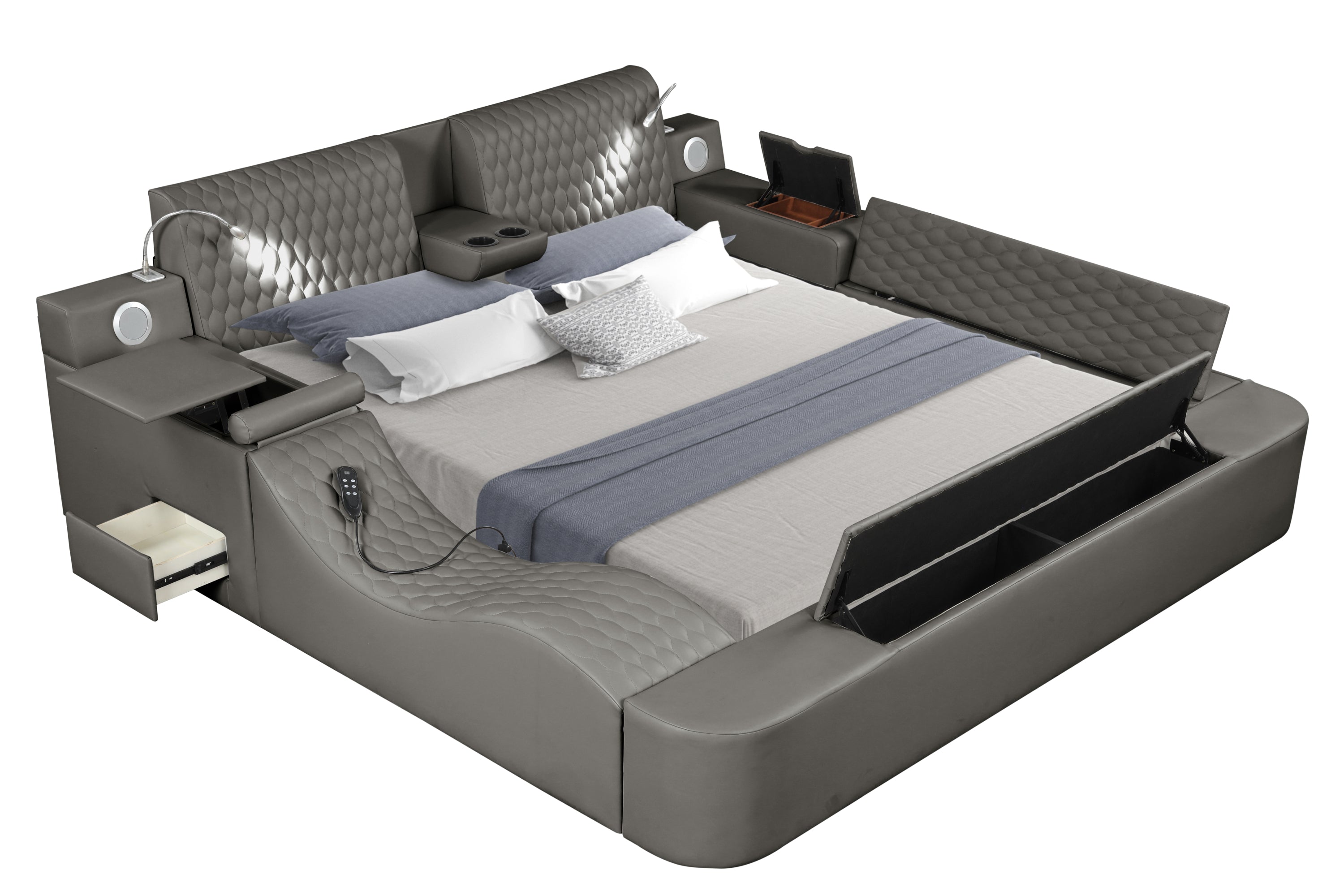 Smart Multifunctional Queen Size Bed Made with Wood in Gray