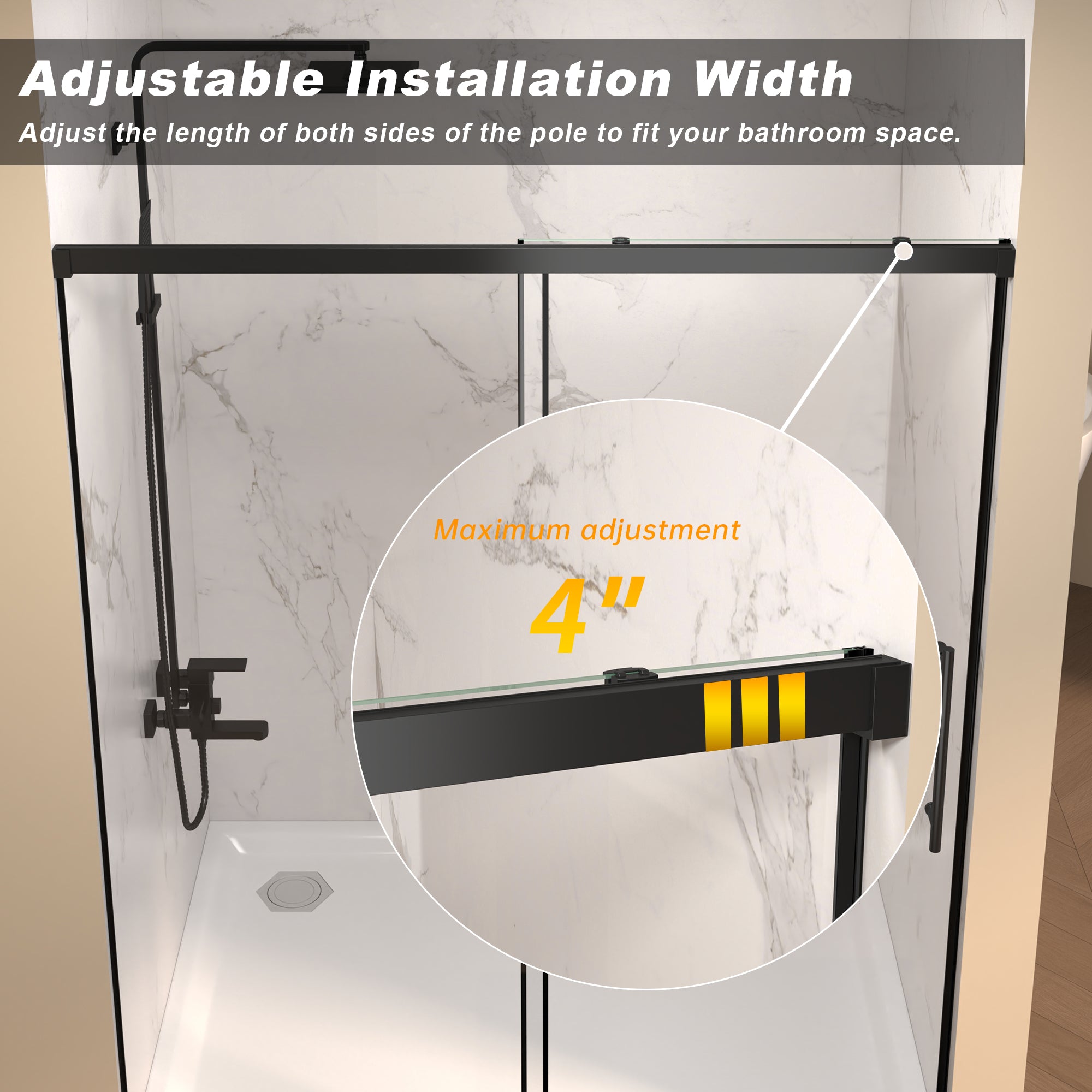 Frameless sliding shower door 60" W x 72" H matte black clear tempered glass detail