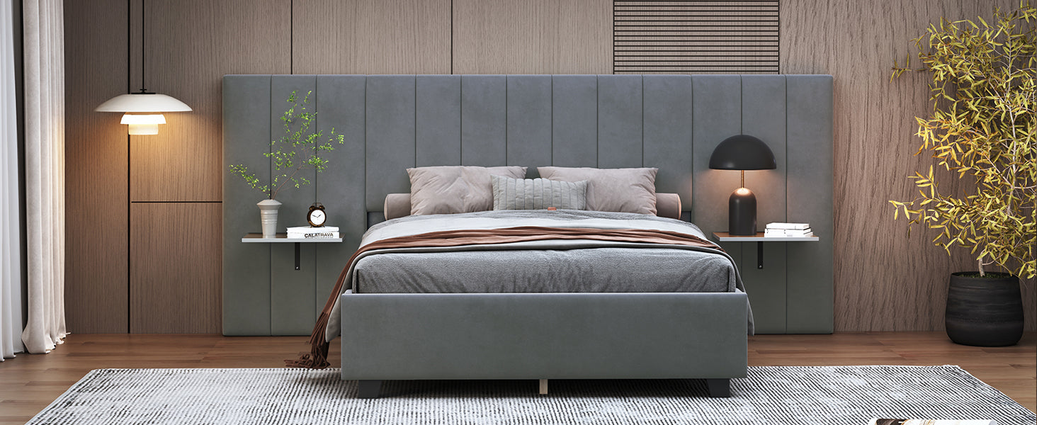 Full Size Upholstered Platform Bed with Big Headboard, Bedroom Furniture, Velvet, Gray