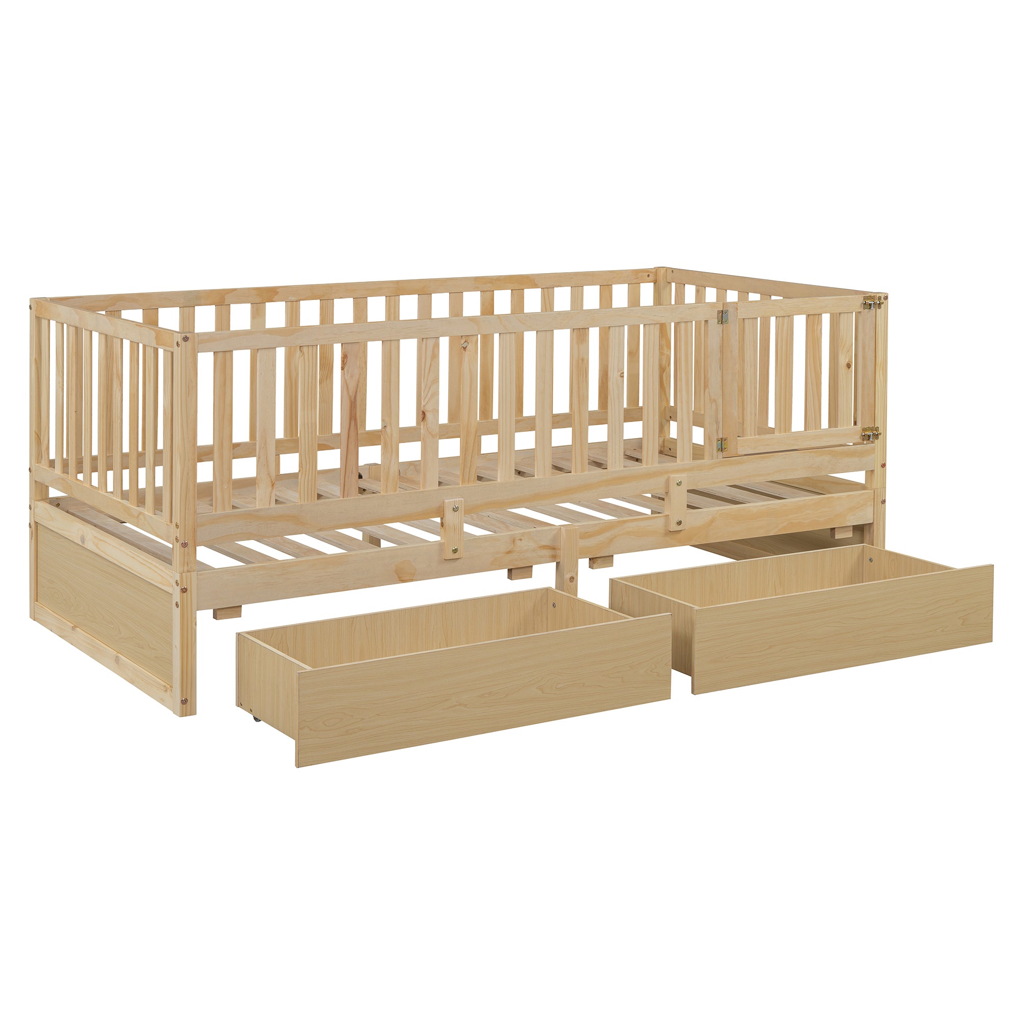 Twin Size Wood Daybed with Fence Guardrails and 2 Drawers, Split into Independent Floor Bed & Daybed, Natural(OLD SKU :LP000881AAN)