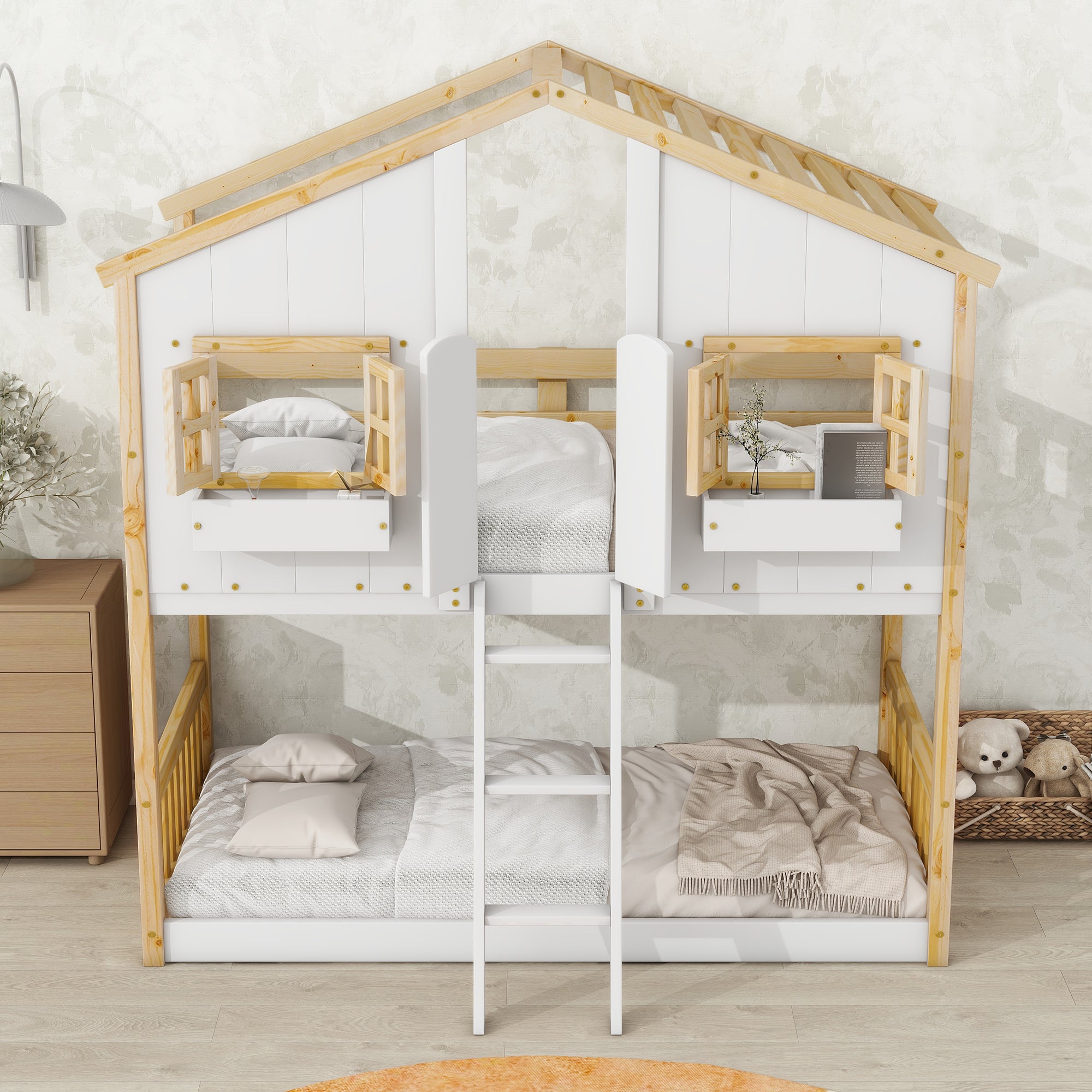 Twin over Twin House Bunk Bed with Roof , Window, Window  Box, Door , with Safety Guardrails and Ladder, Natural/White