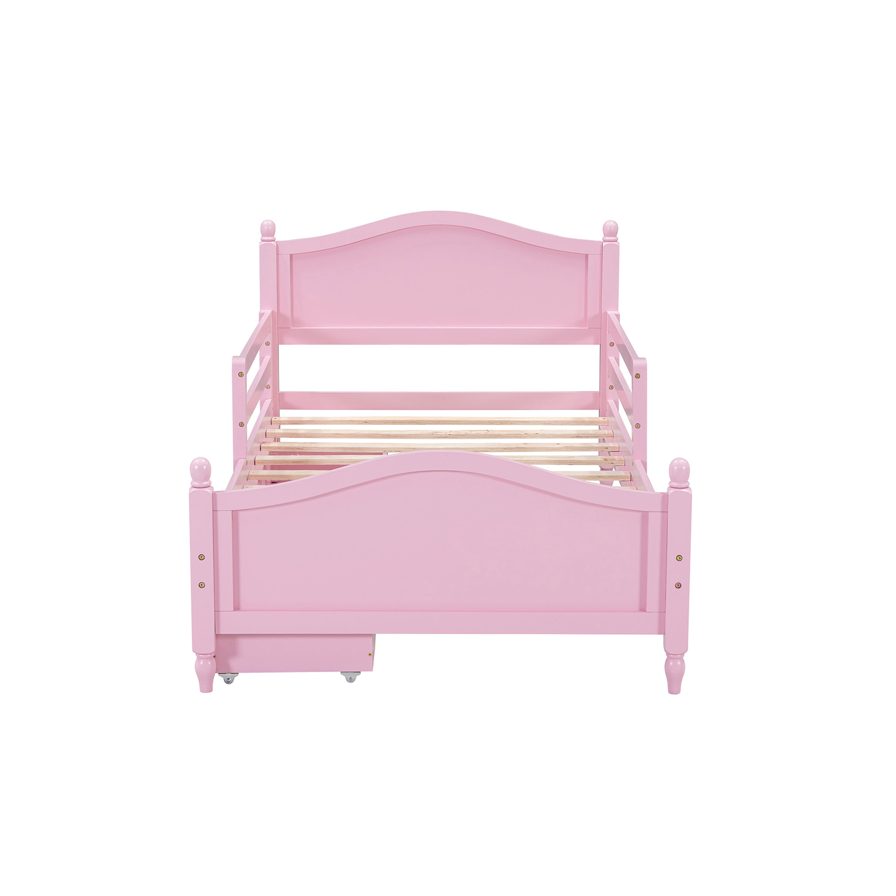 Twin Size Wood Platform Bed with Guardrails on Both Sides and Two Storage Drawers ,Pink