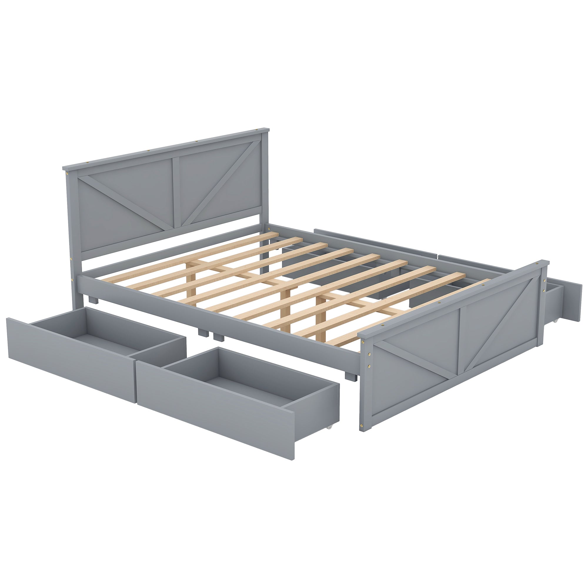 Queen Size Wooden Platform Bed with Four Storage Drawers and Support Legs, Gray