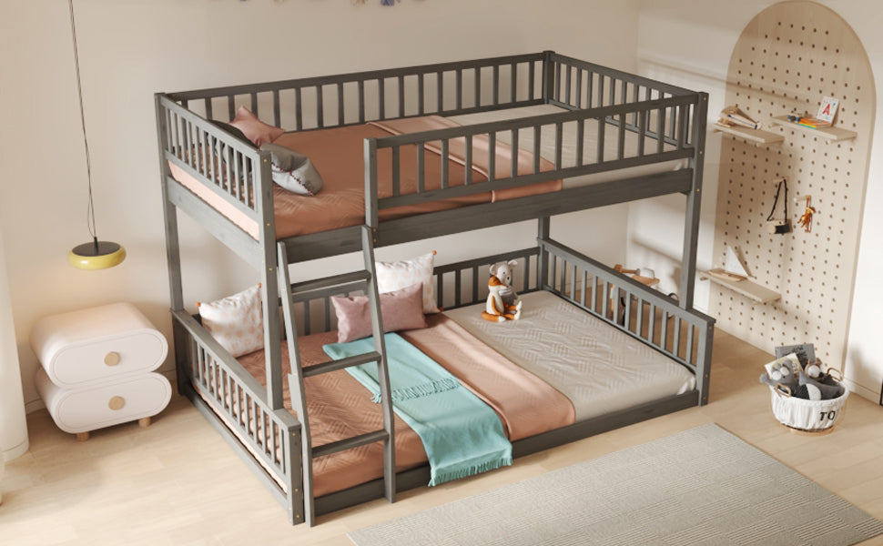 Gray Full XL over Queen bunk bed, full rear angle view