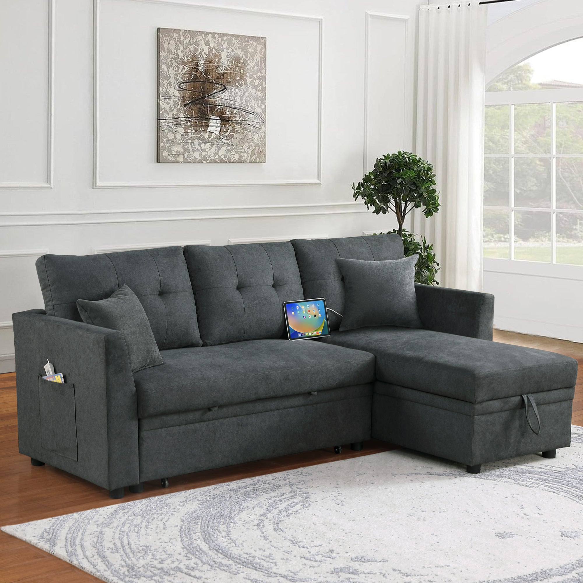 Sectional sofa converted to pull-out sleeper bed, side view
