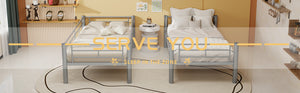 Silver twin metal bunk bed, heavy-duty iron frame, angled view