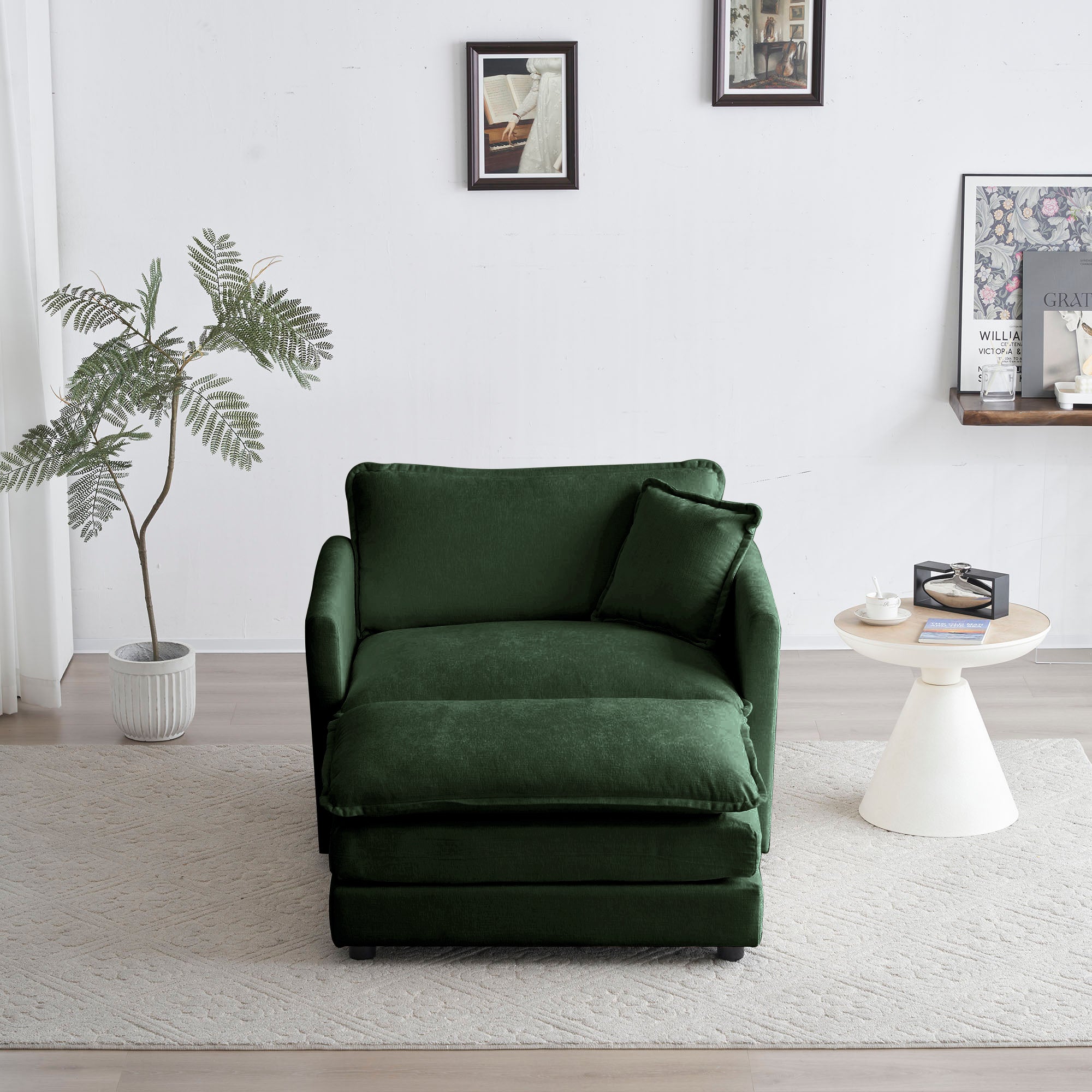 Modern Accent Chair with Ottoman, Living Room Club Chair Chenille Upholstered Armchair , Reading Chair for Bedroom, Green Chenille