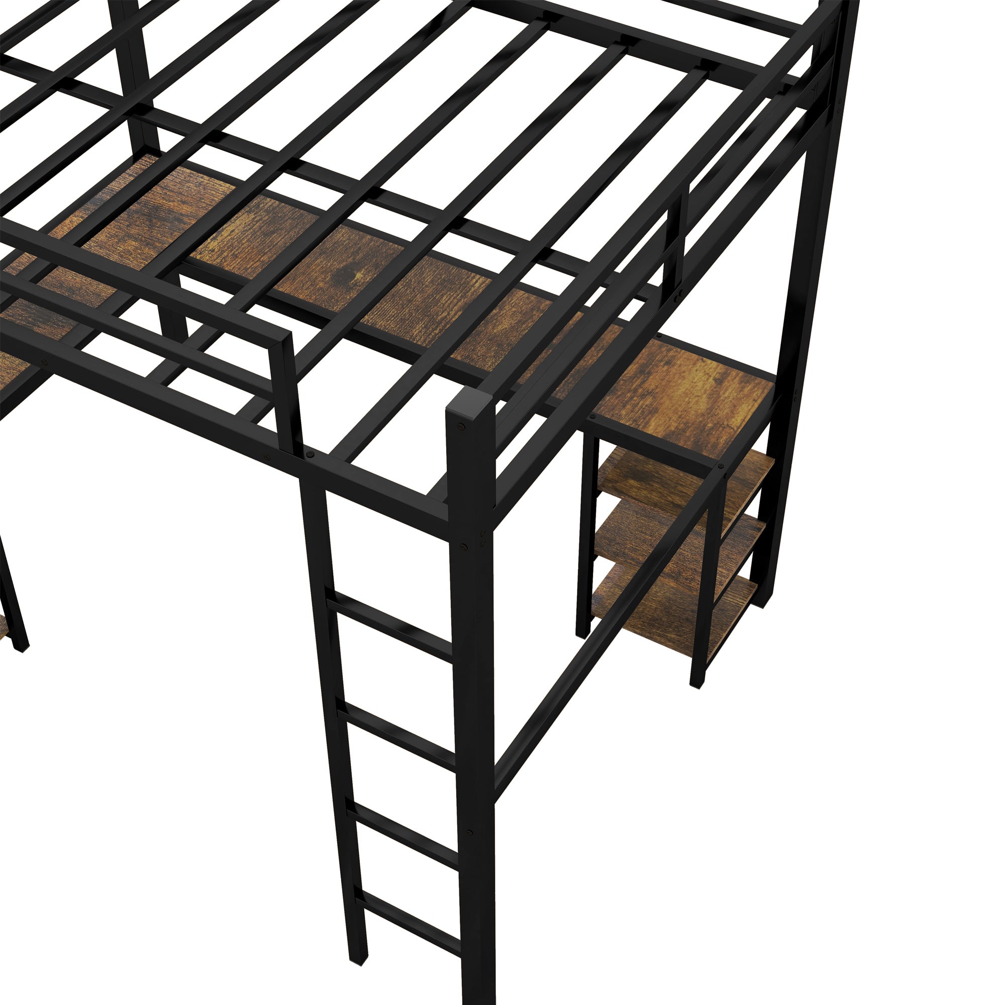 Twin XL Metal Loft Bed with Desk and Shelves, Loft Bed with Ladder and Guardrails, Loft Bed Frame for Bedroom, Black