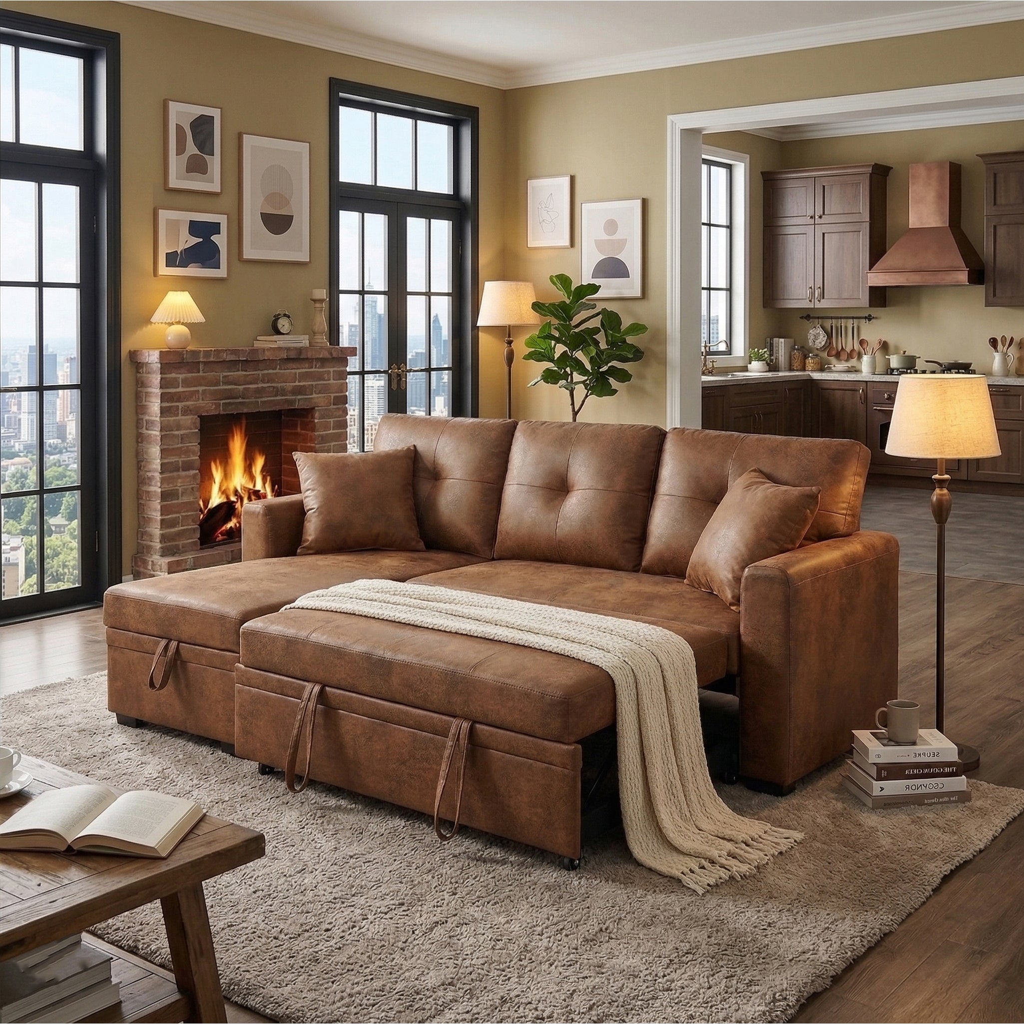 Light brown fabric sectional sofa with pull-out bed extended