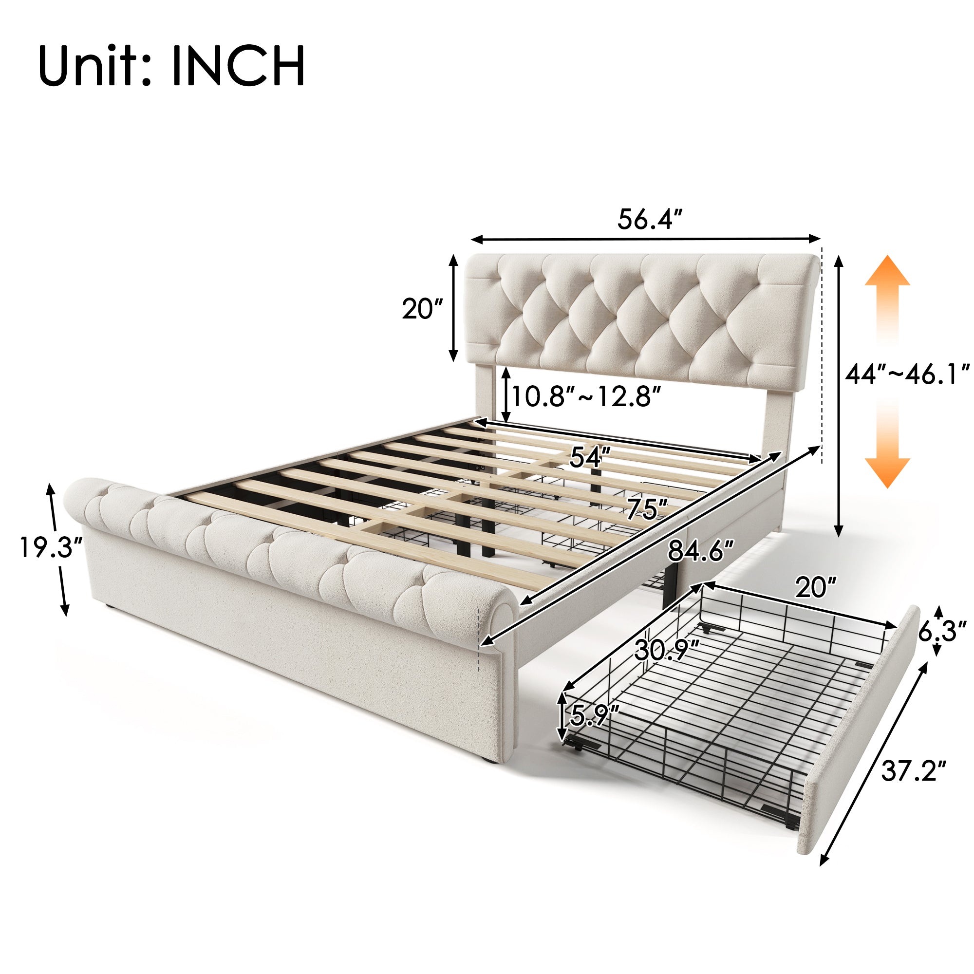 Full size Upholstered Platform bed with Four Drawers, Antique Curved Headboard, Linen Fabric, Beige (without mattress)