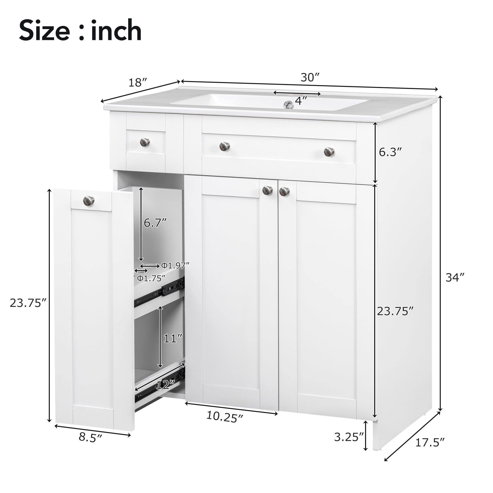 30-Inch White Bathroom Vanity with Ceramic Sink Combo, Abundant Storage Cabinet - 2 Soft close Doors and Double-tier Deep Drawer