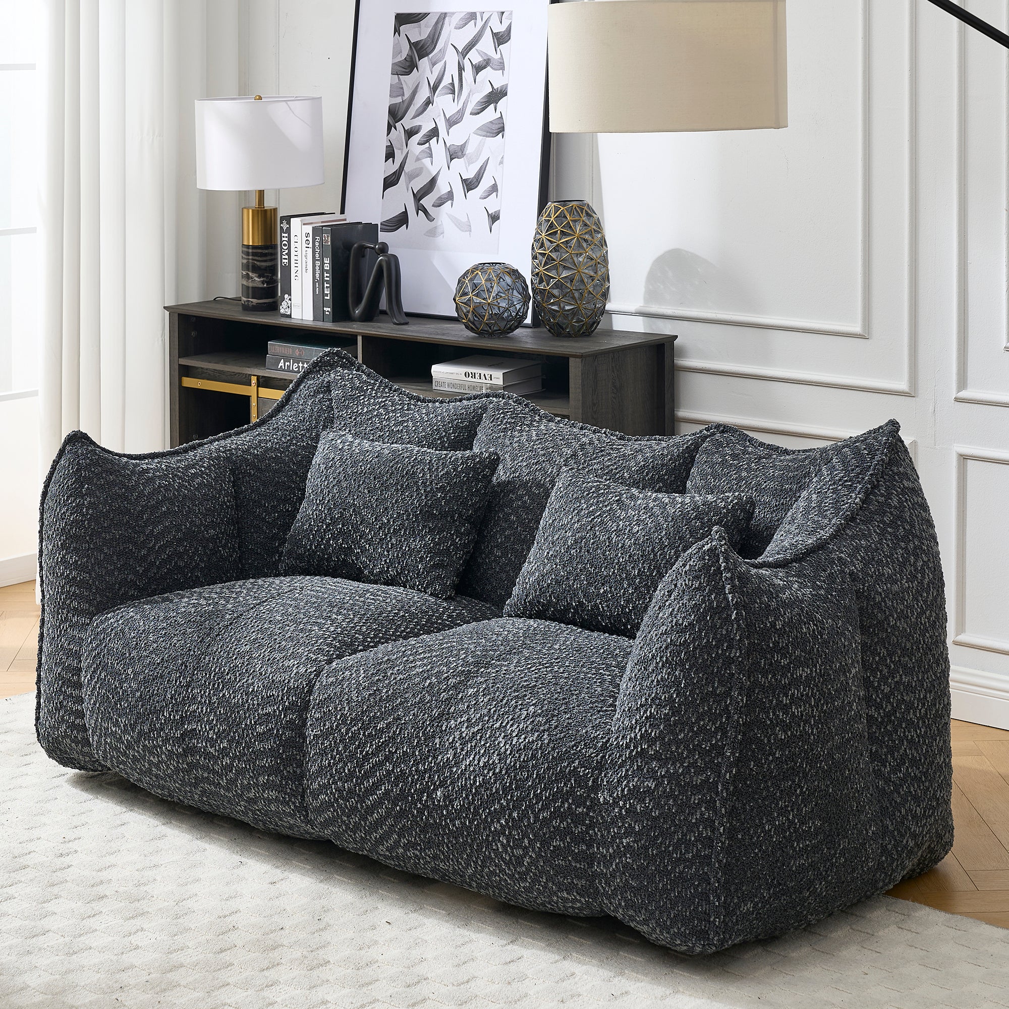 Two-person square bean bag recliner sofa, foam-filled, front view