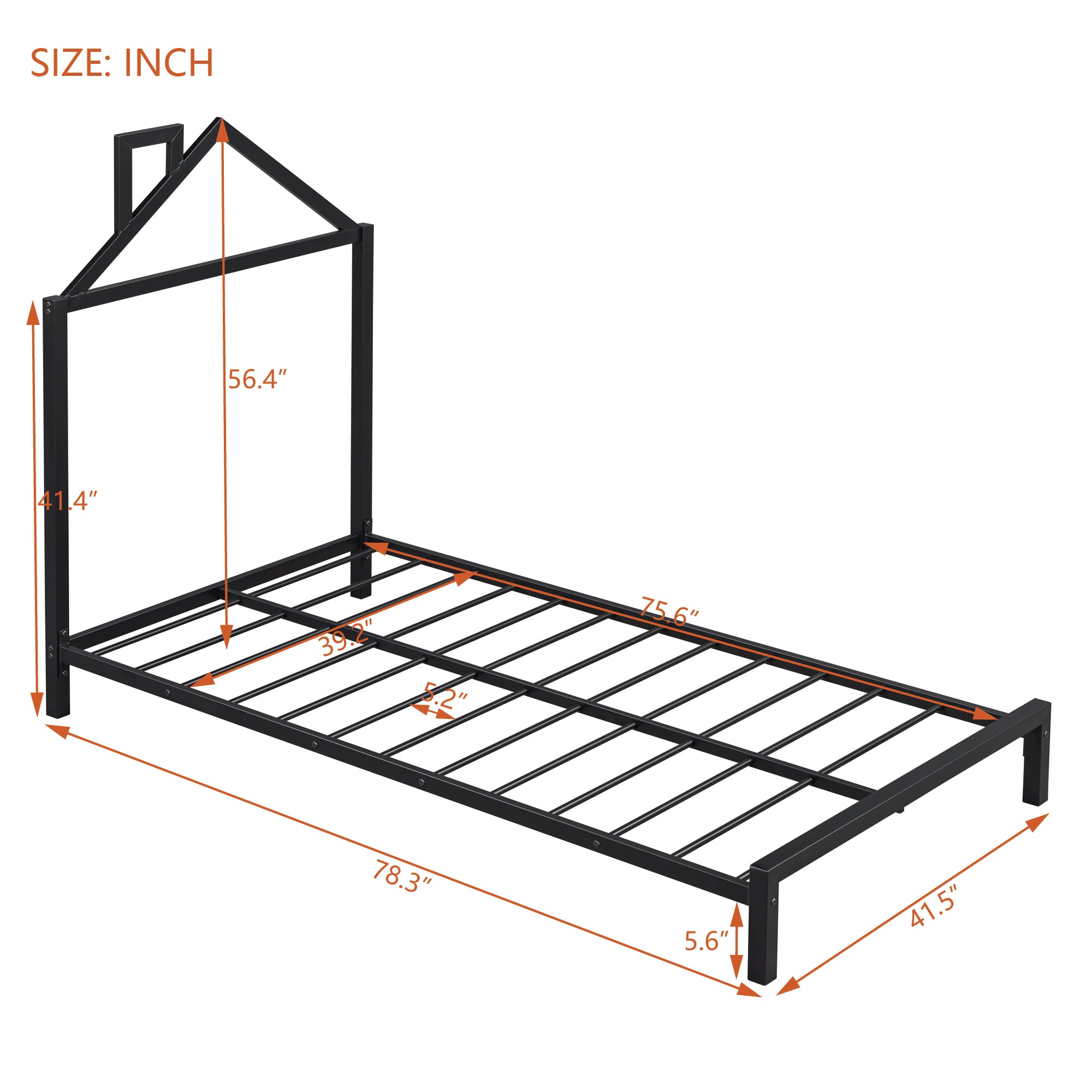 Twin Size Metal Platform Bed with House-Shaped Headboard Design, Black