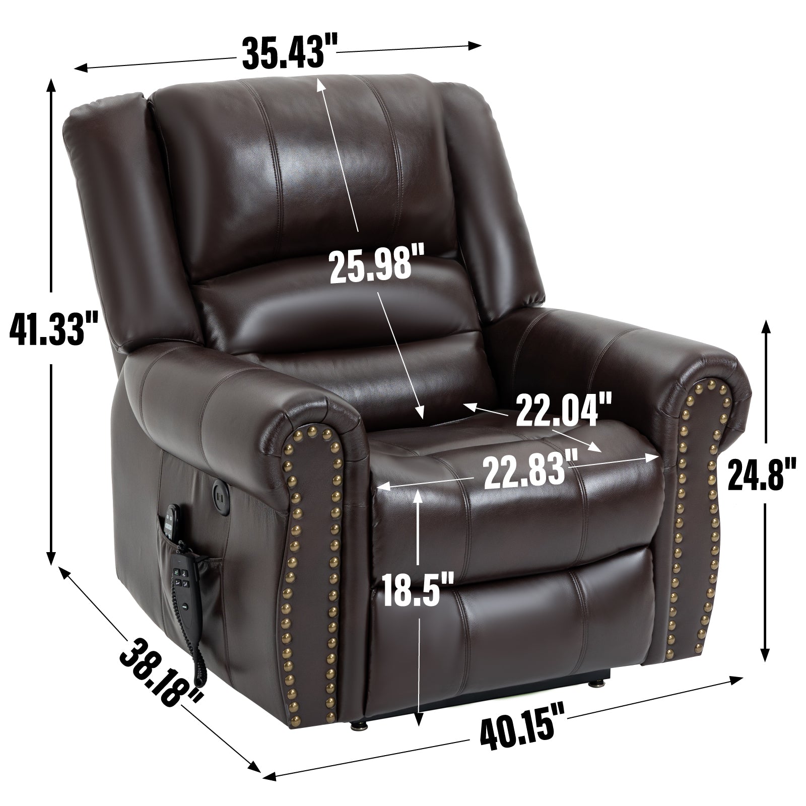 Power Lift Recliner Chair Heat Massage Dual Motor Infinite Position Up to 350 LBS, Faux Leather, Heavy Duty Motion Mechanism with USB Ports, Brown