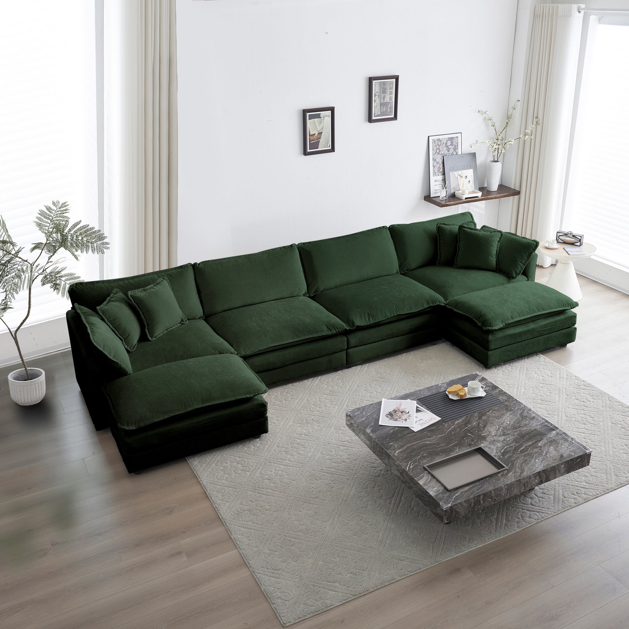 Comfort U Shaped Couch with Reversible Chaise, Modular Large U-Shape Sectional Sofa, Double Extra Ottomans,Green Chenille