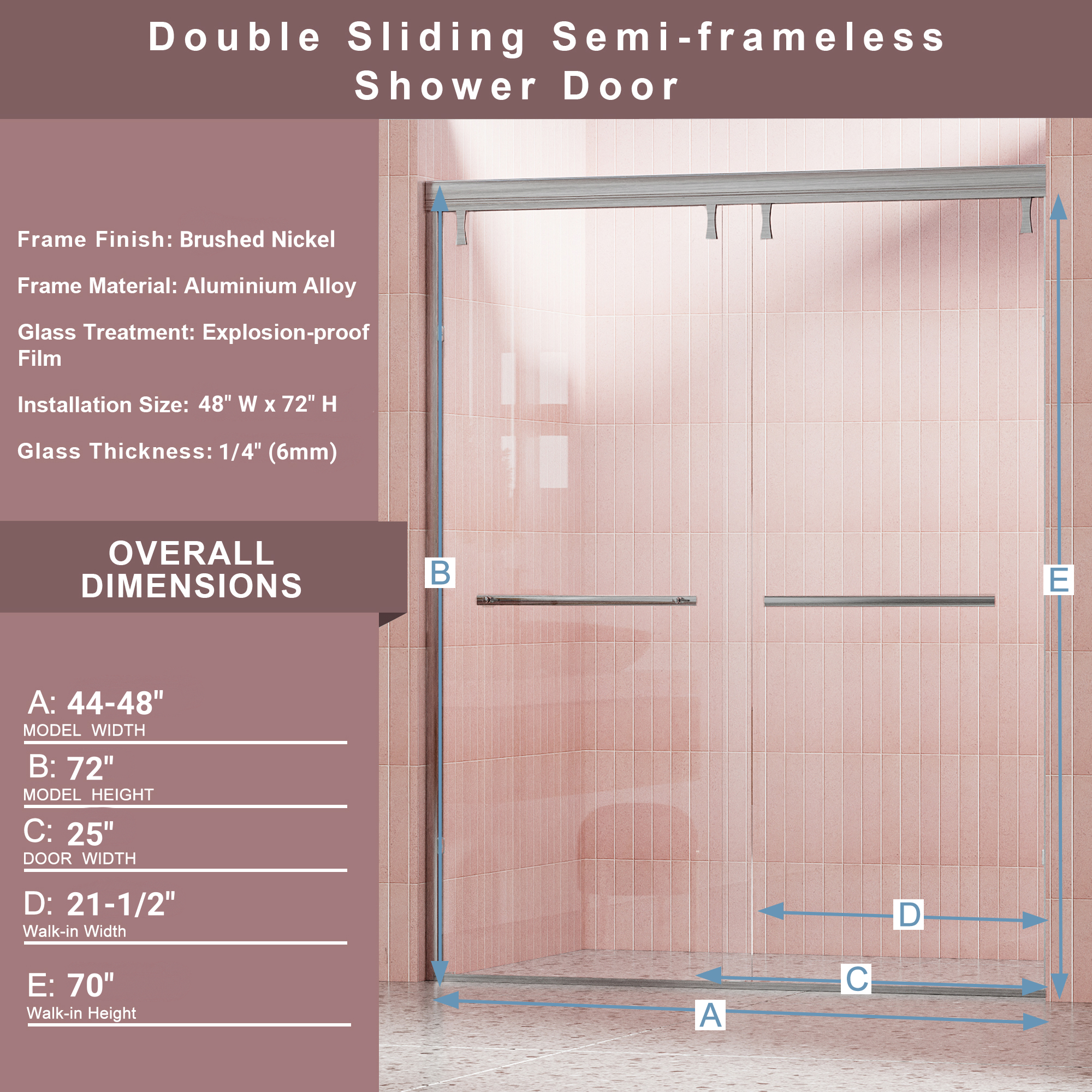 (44 - 48"W x 72"H), (56 - 60"W x 72"H) Semi-Frameless Shower Door, Double Sliding Shower Door, 1/4" (6mm) Clear Tempered Glass Shower Door with Explosion-Proof Film, Brushed Nickel