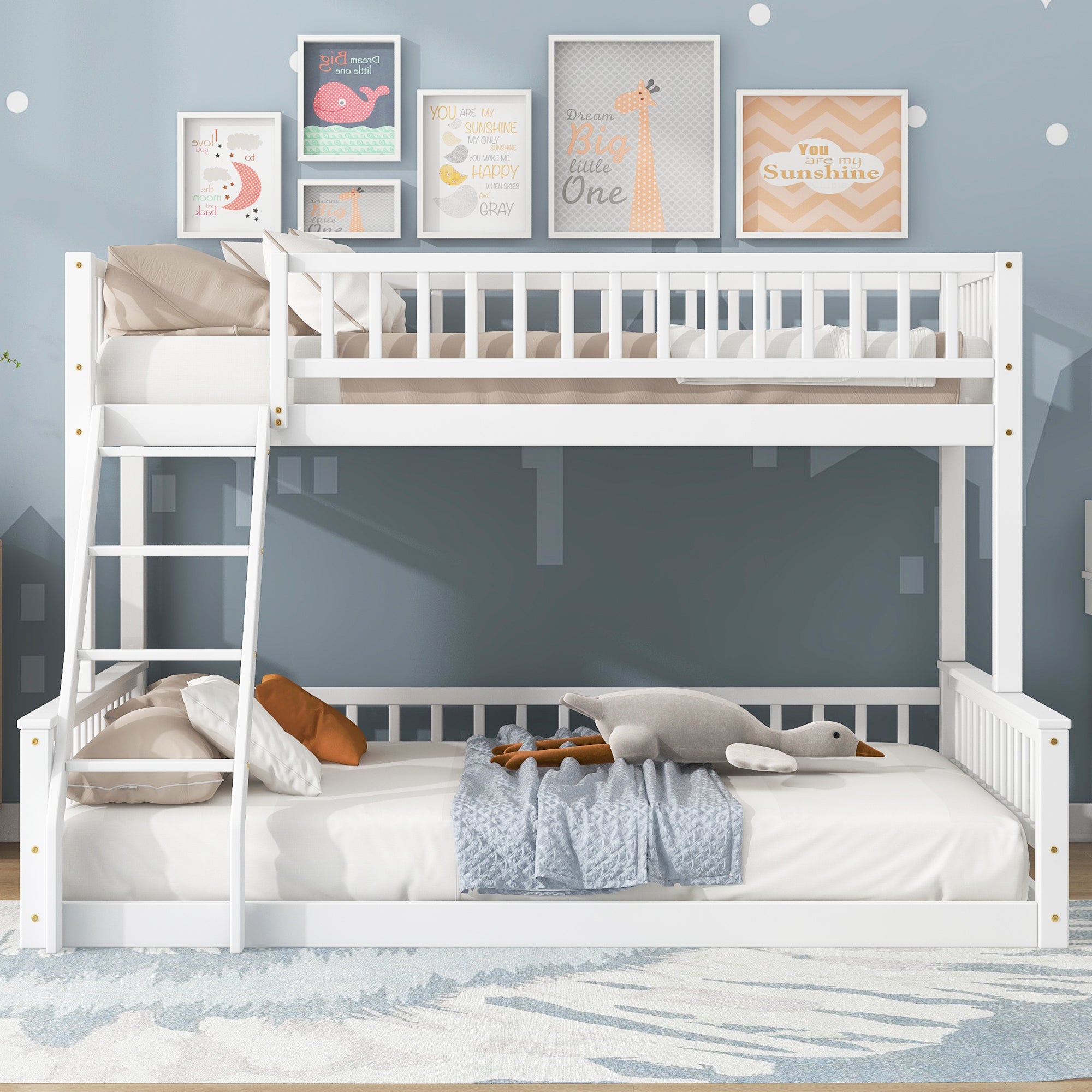 White bunk bed integrated ladder access detail