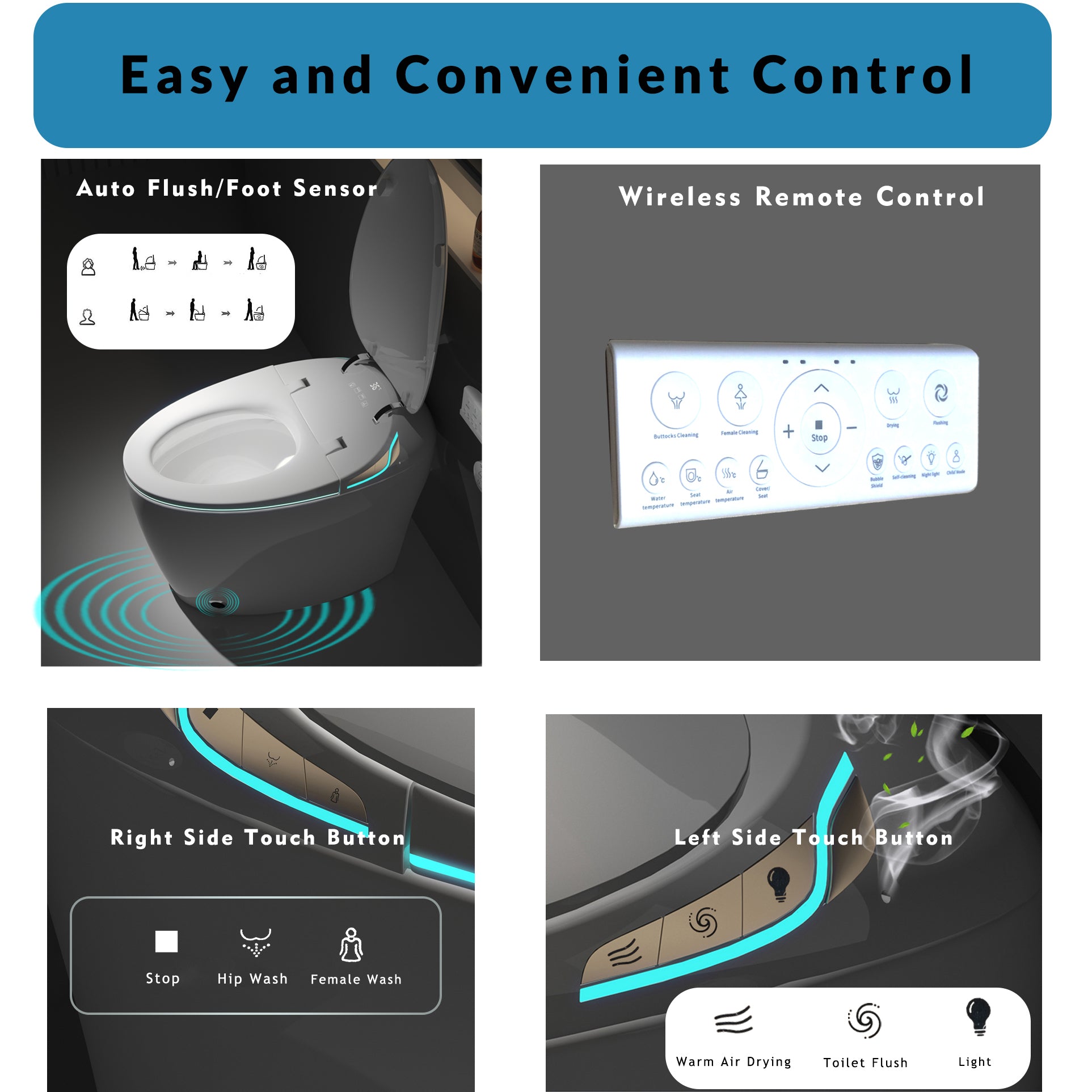 Unique Smart Toilet with Bidet Built In, Intelligent One Piece Toilet For Modern Bathroom, Auto Open/Close Seat, Foot Sensor, LED Display,Night Light, Warm Water & Dryer,Grey