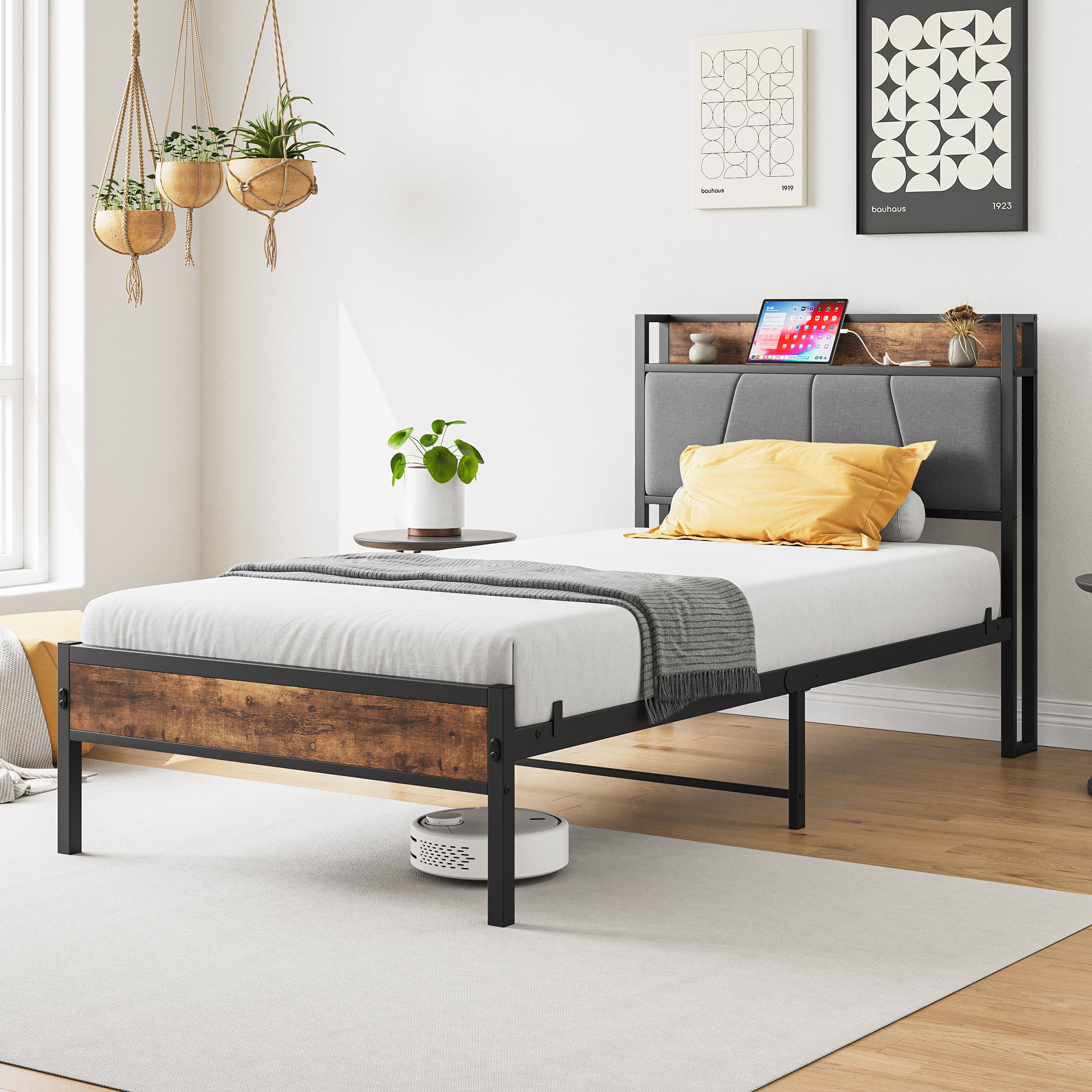 Twin Size Bed Frame, Storage Headboard with Charging Station, Solid and Stable, Noise Free, No Box Spring Needed, Easy Assembly