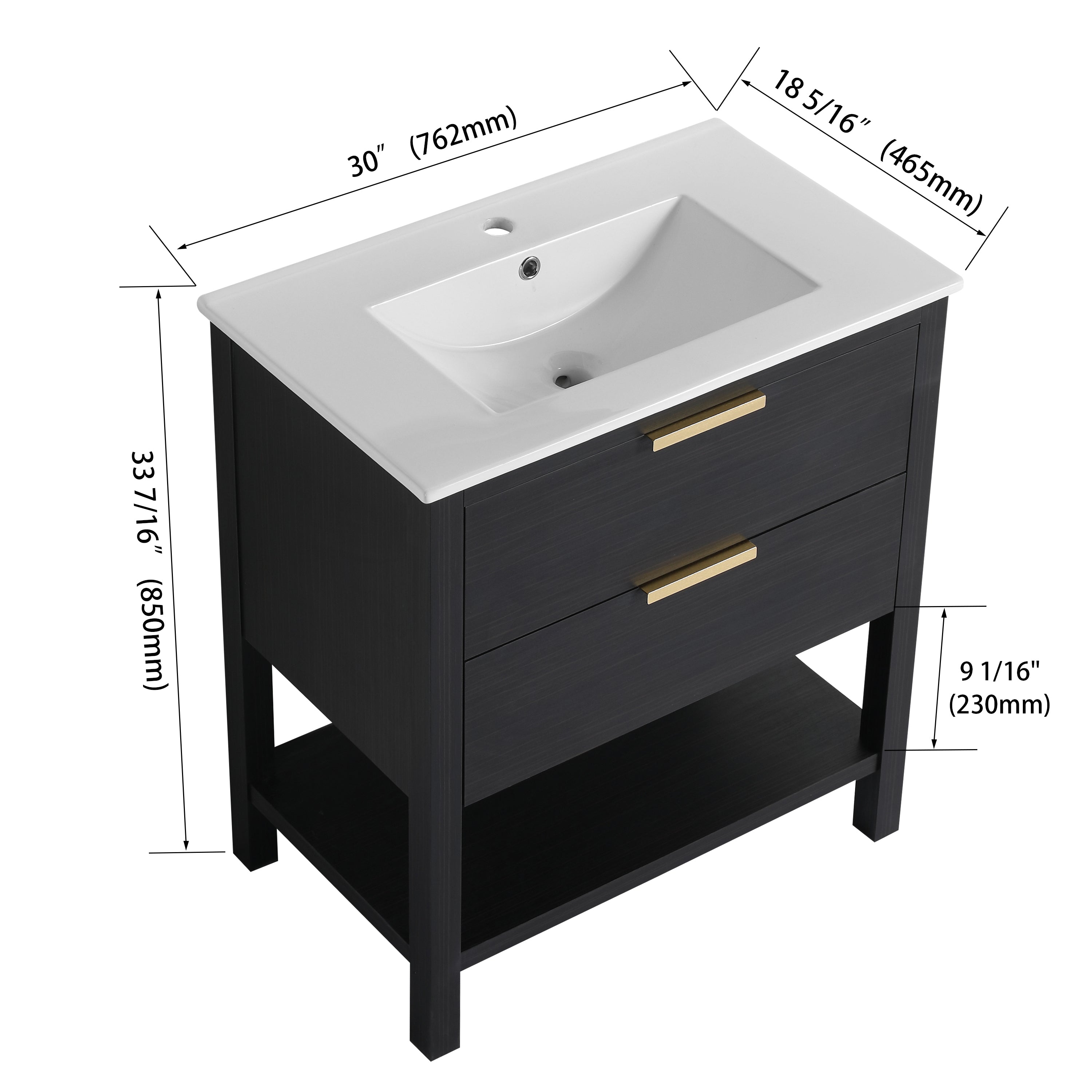 30 inch Bathroom Vanity With Sink and 2 Soft Close Drawers, Golden Handle-BVB01030BCTG-BL9075B