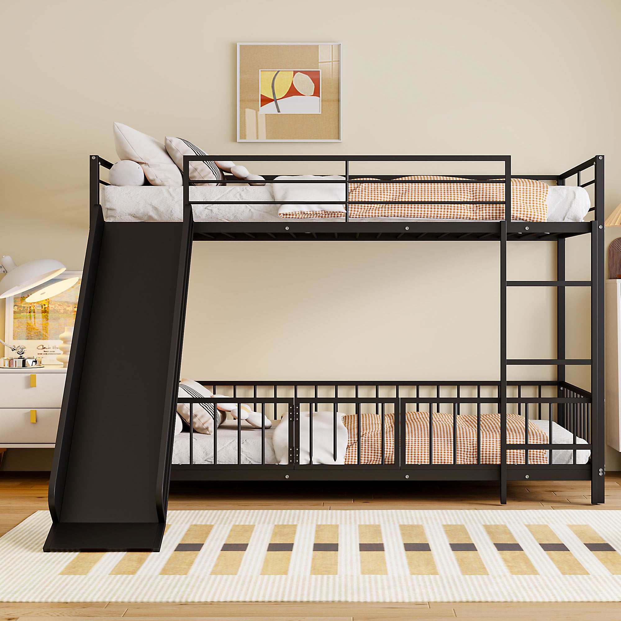 Twin over Twin Size Metal Bunk Bed with Slide and Guardrails, Black