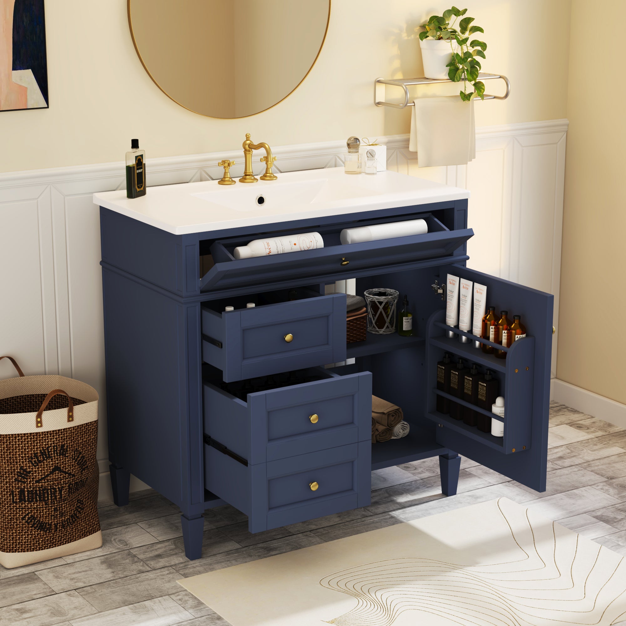 36 inch modern single-sink bathroom vanity with top sink, front view