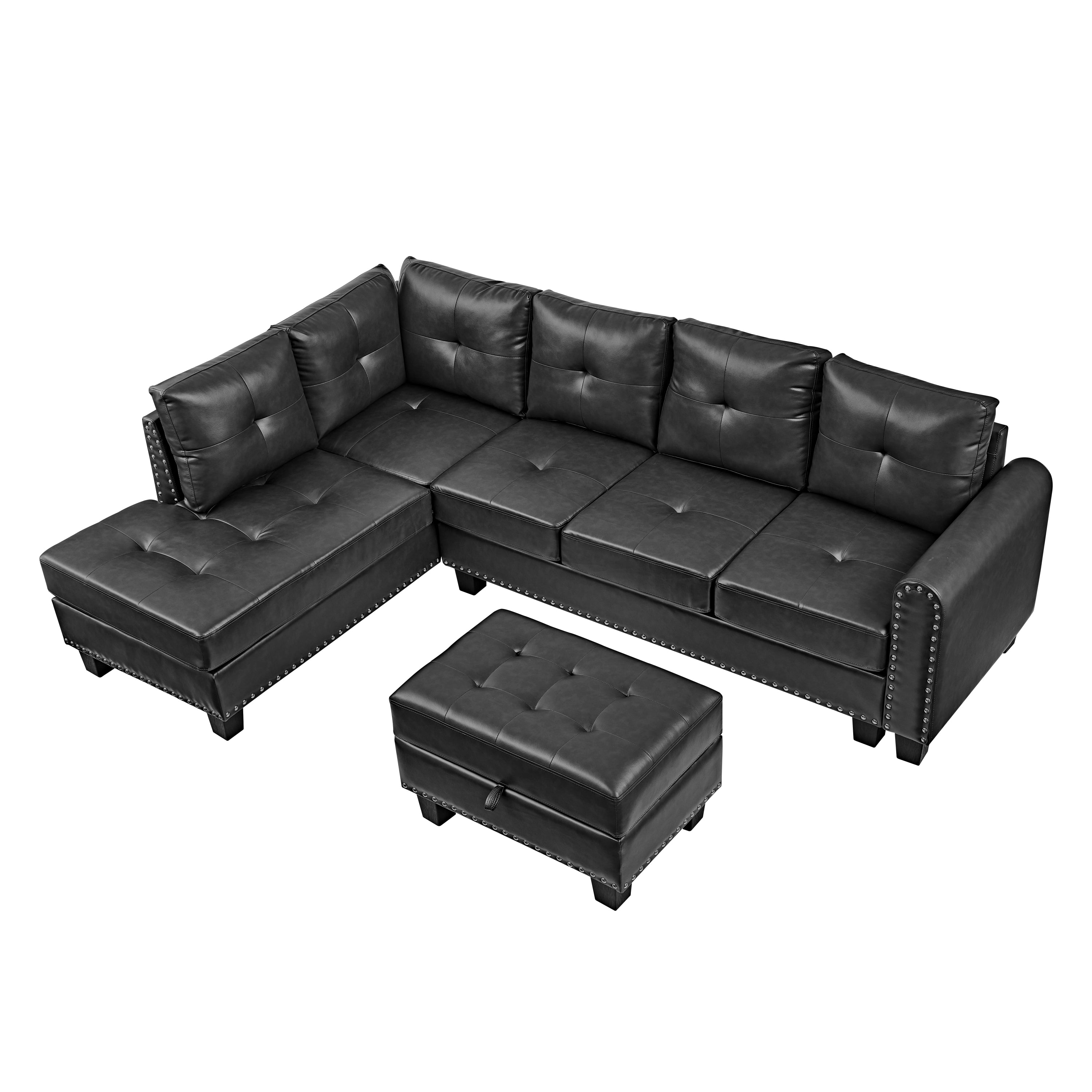 Sectional 3-Seaters Sofa , reversible recliner, Storage pad and wood grain cup holder, Non-slip leg, pu, black