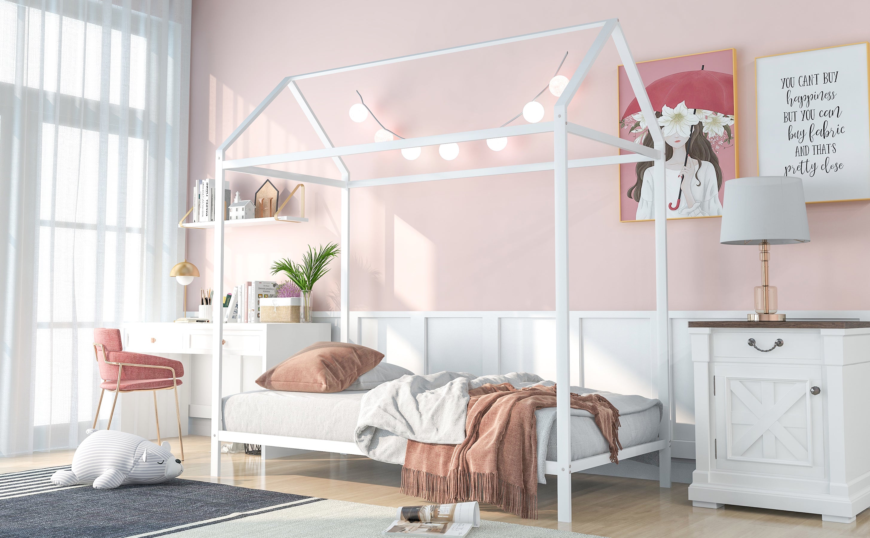 House Bed Frame Twin Size , Kids Bed Frame Metal  Platform Bed  Floor Bed for Kids Boys Girls No Box Spring Needed White