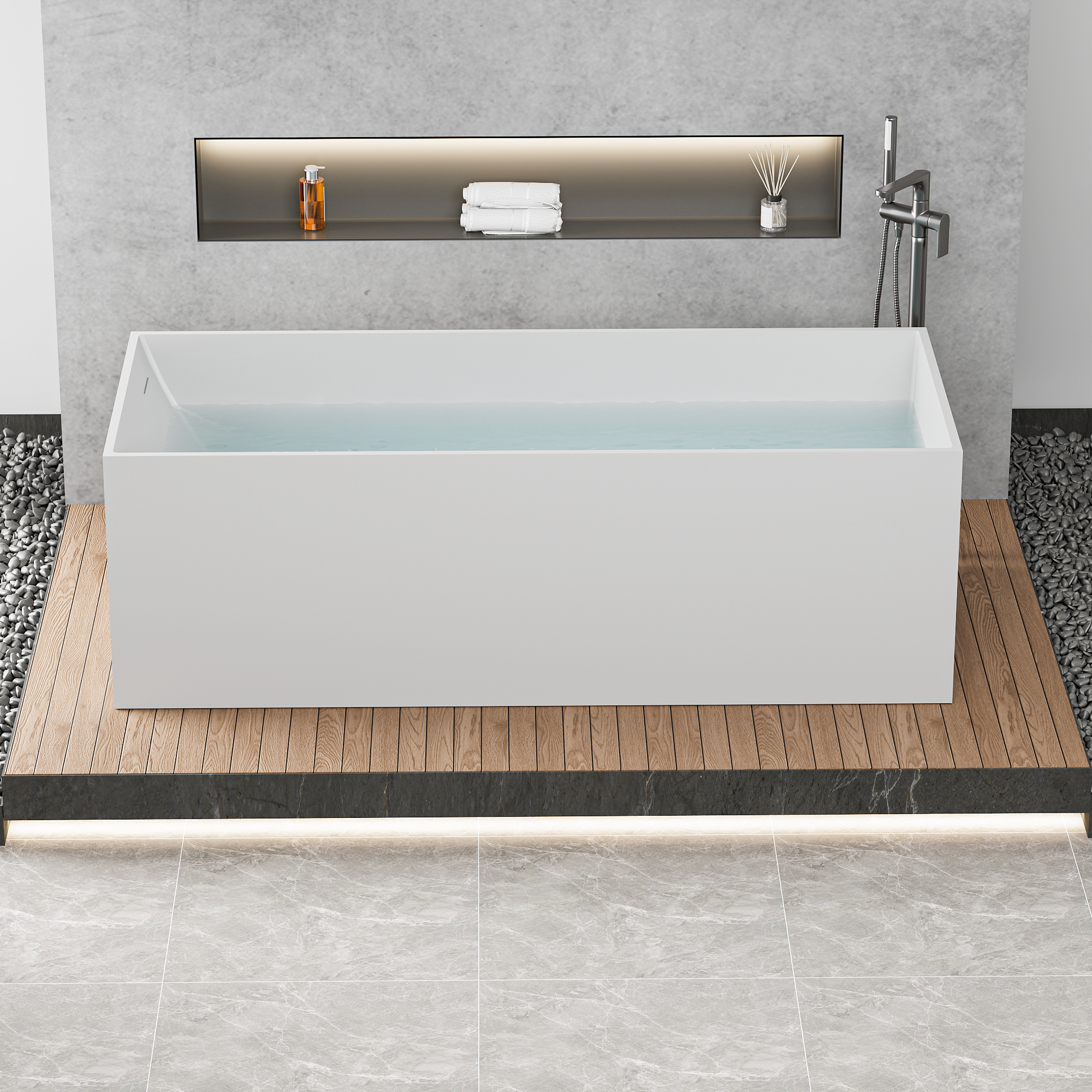 67" Freestanding Solid Surface Bathtub, Stone Resin Freestanding Bath Tub with Overflow and Pop-up Drain, Matte White 24S01-67MW