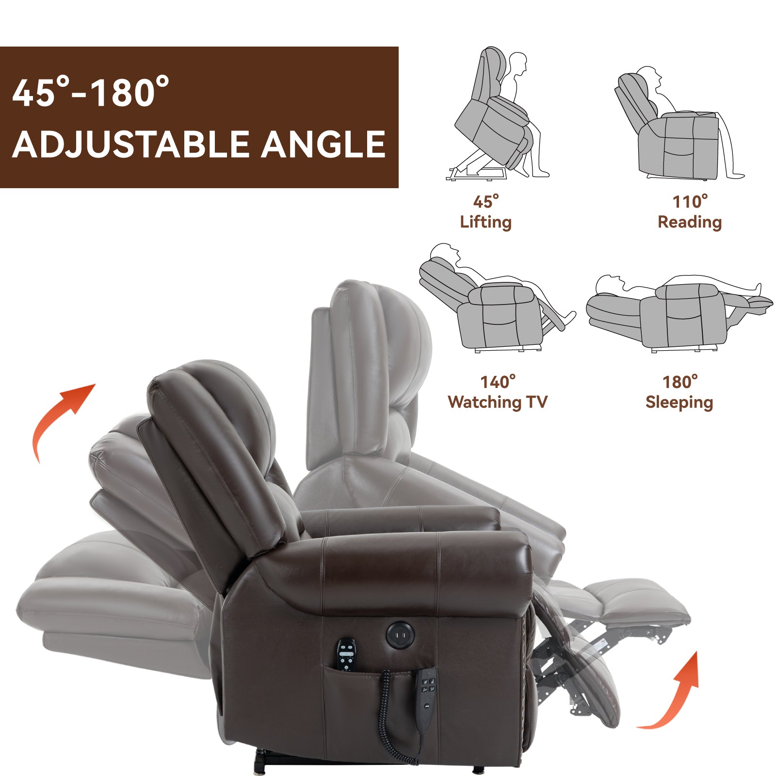 Power Lift Recliner Chair Heat Massage Dual Motor Infinite Position Up to 350 LBS, Genuine Leather, Heavy Duty Motion Mechanism with USB Ports, Brown