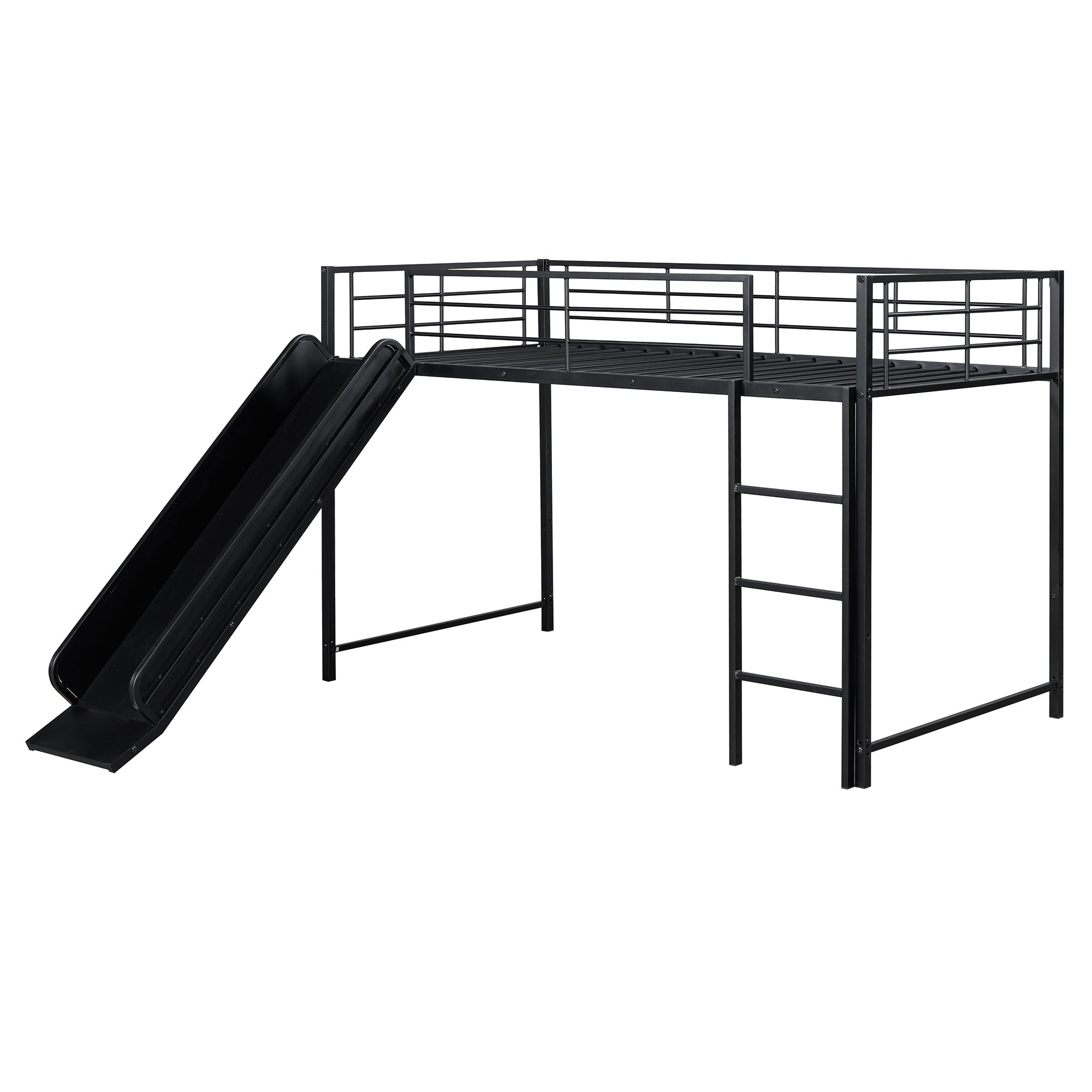 Twin over Twin Size Metal Bunk Bed with Slide and Guardrails, Black