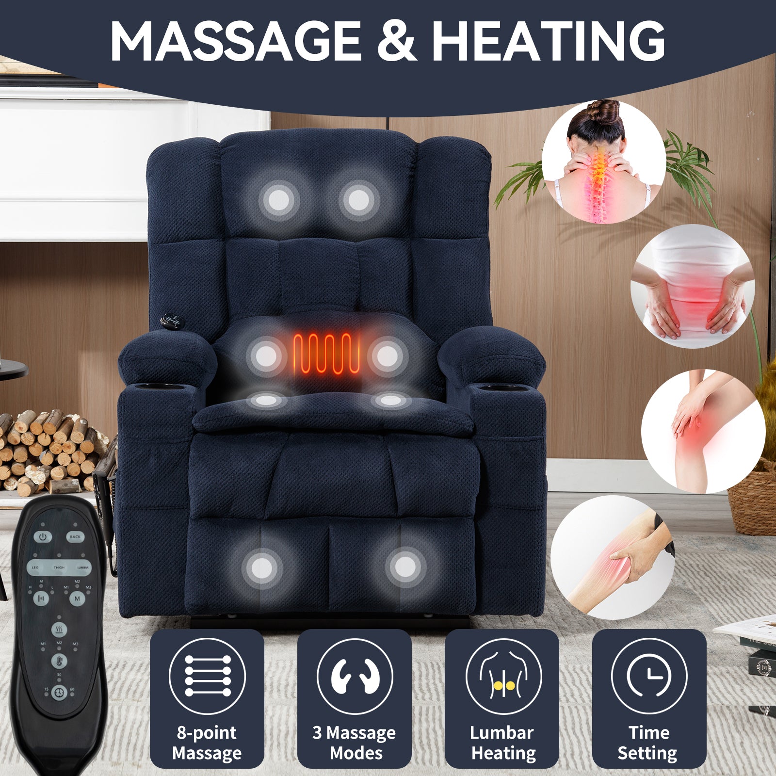 Blue Dual Motor Infinite Position Up to 350 LBS Chenille Power Lift Recliner Chair, Heavy Duty Motion Mechanism with 8-Point Vibration Massage and Lumbar Heating, Dual Cup Holders