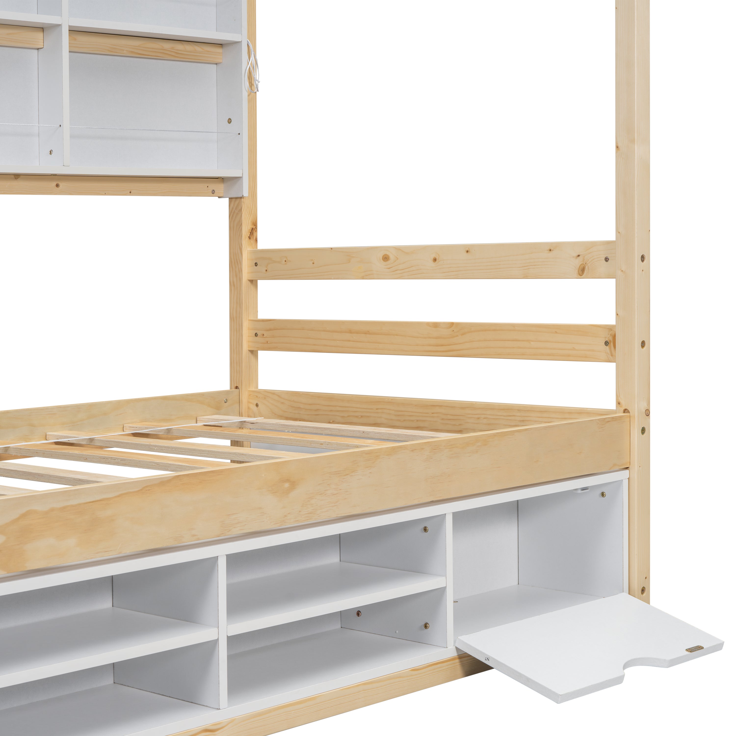 Twin House Bed with Roof Frame, Bedside-shelves, Under Bed Storage Unit,Natural