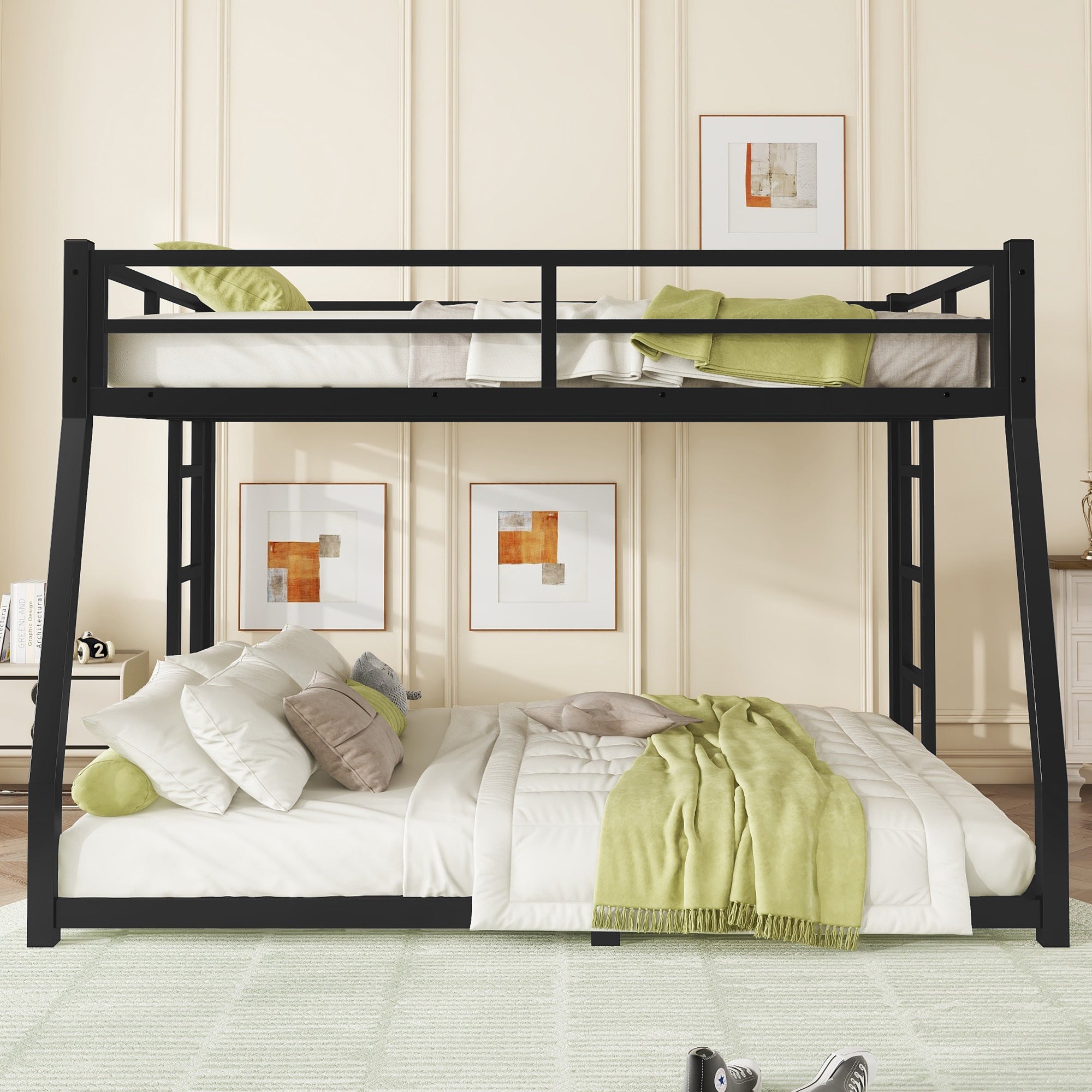 Metal Full XL over Queen Bunk Bed for Teens and Adults,Space-Saving/Noise Reduced/No Box Spring Needed, Black