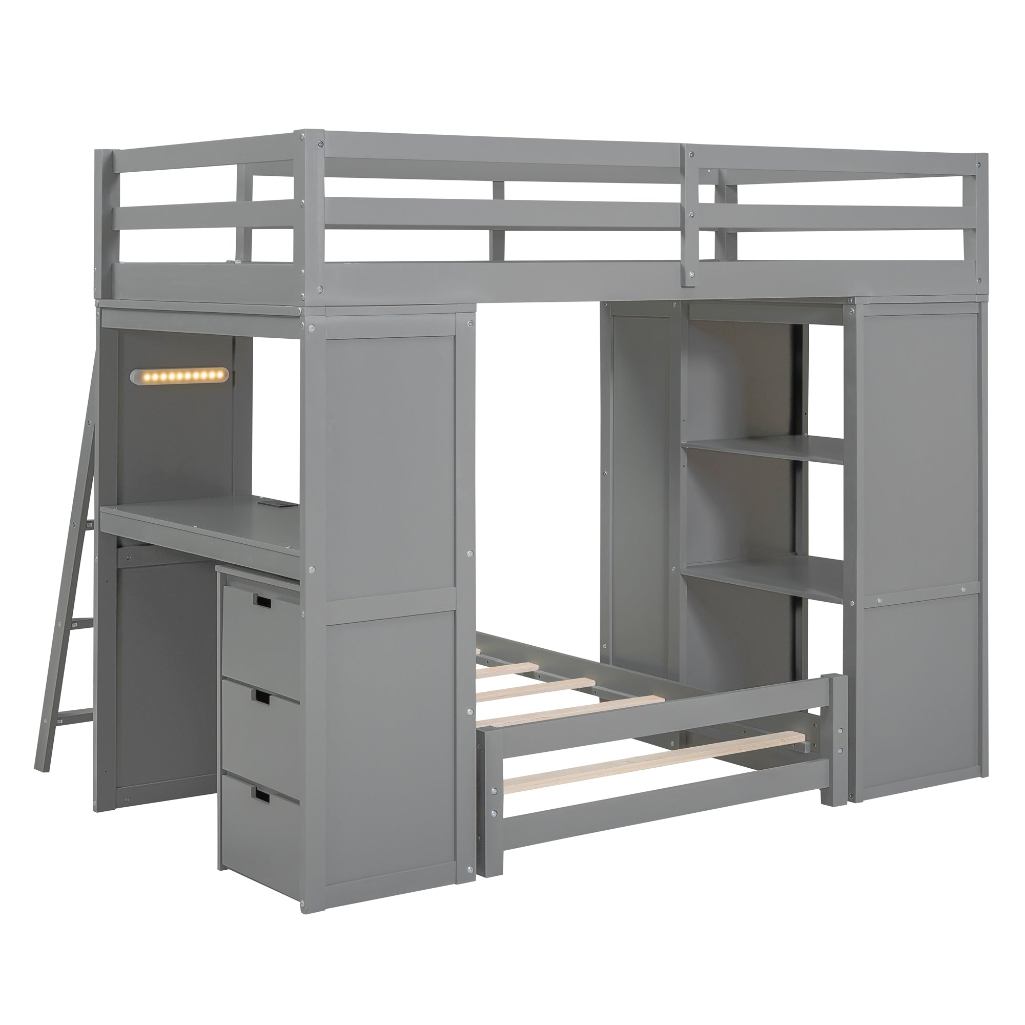 Twin over Twin Bunk Bed with LED Light and USB Ports, Gray