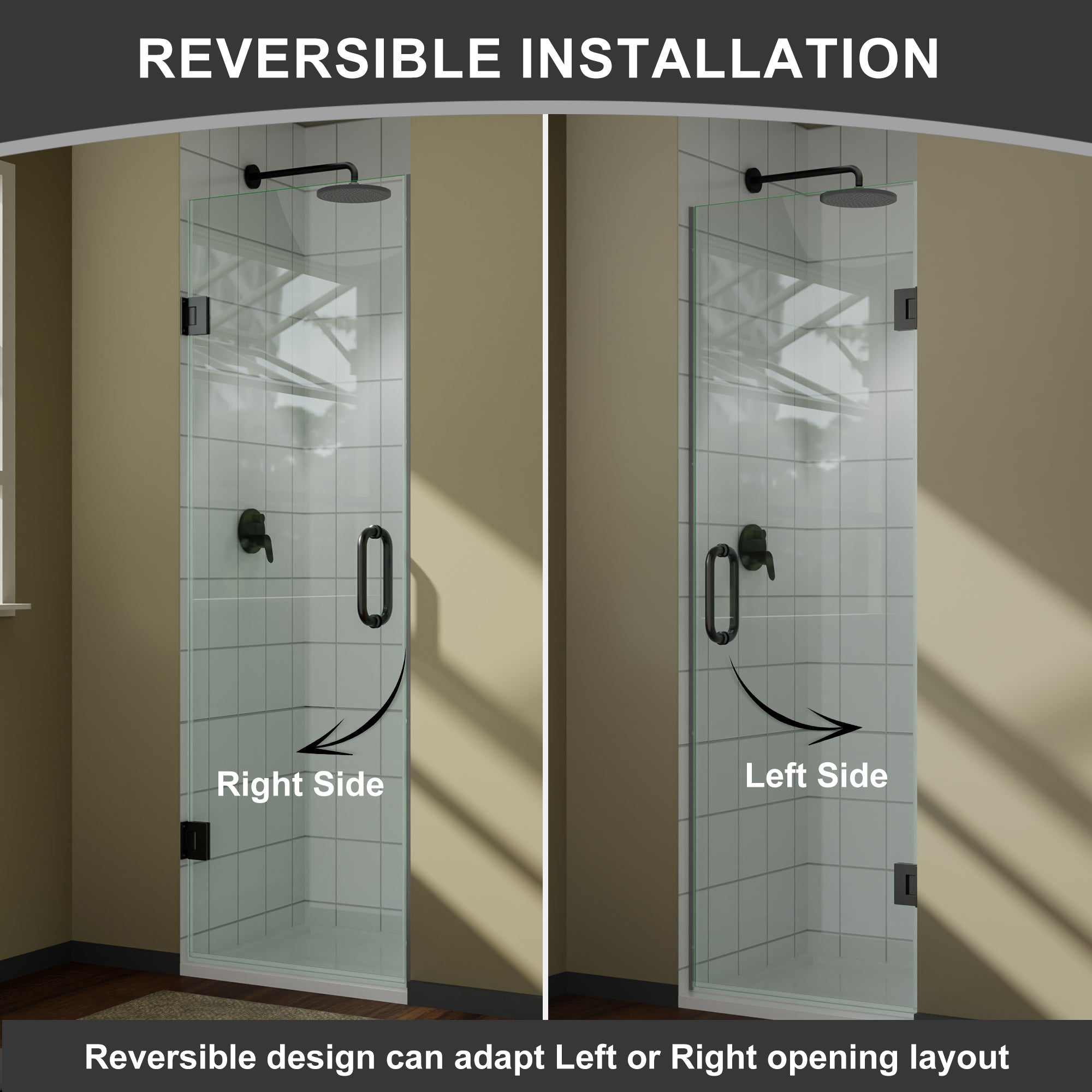 Frameless shower door 28x72 matte black handle detail