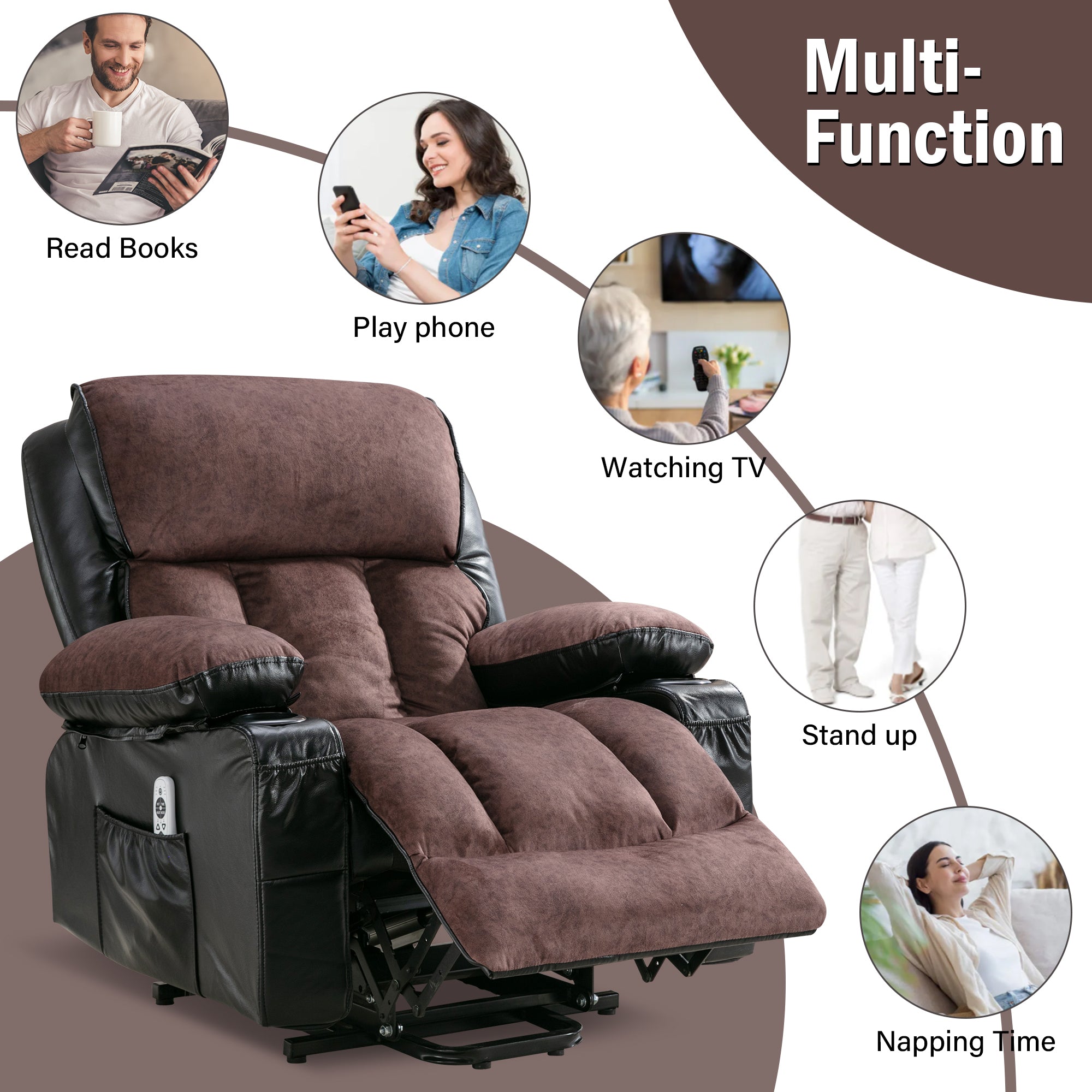 Power Electric massage lift lounge chair, suitable for the elderly, with heating and vibration functions,Fleece leather with USB, can be used for lying down. BLACK BROWN A+B box