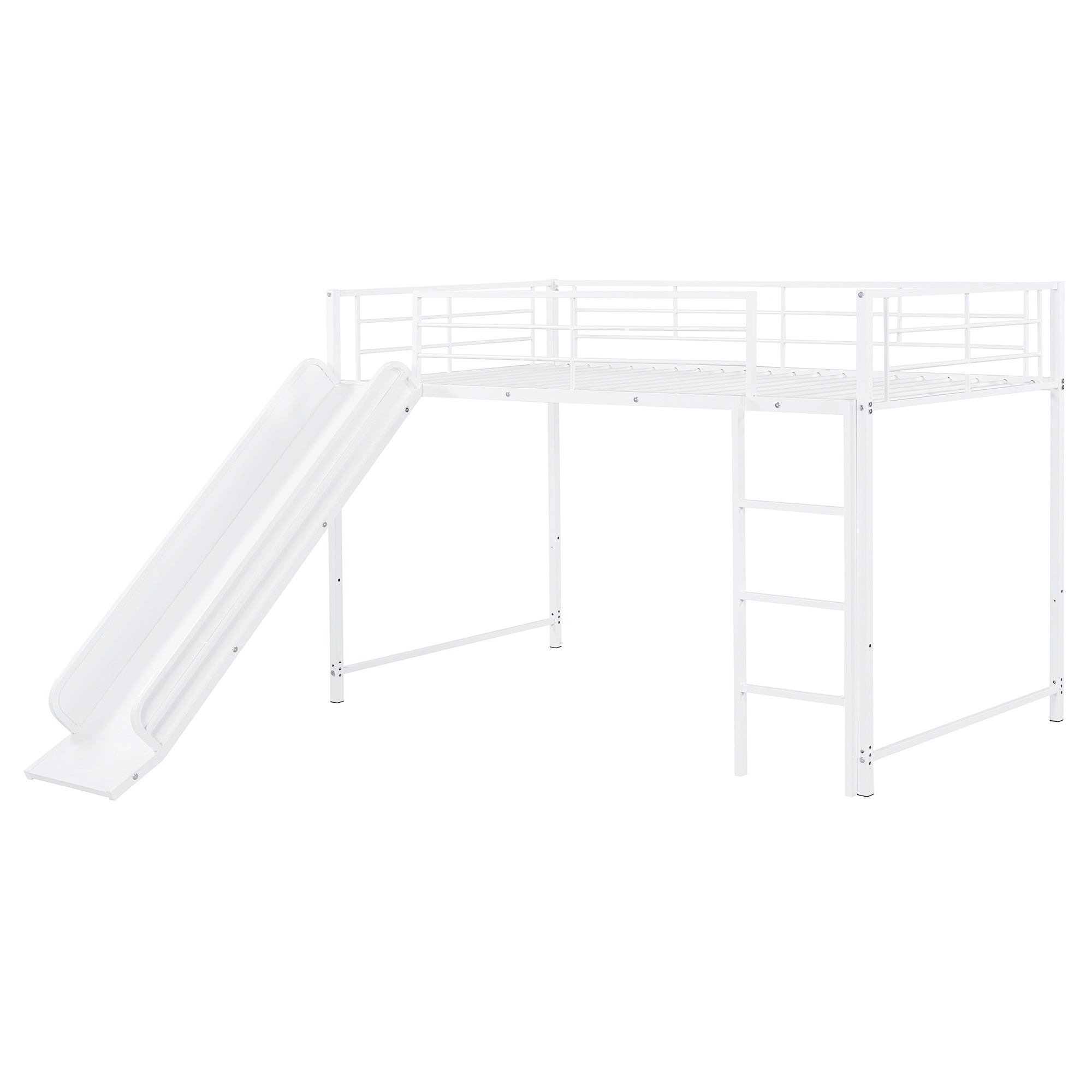 Twin over Twin Size Metal Bunk Bed with Slide and Guardrails, White