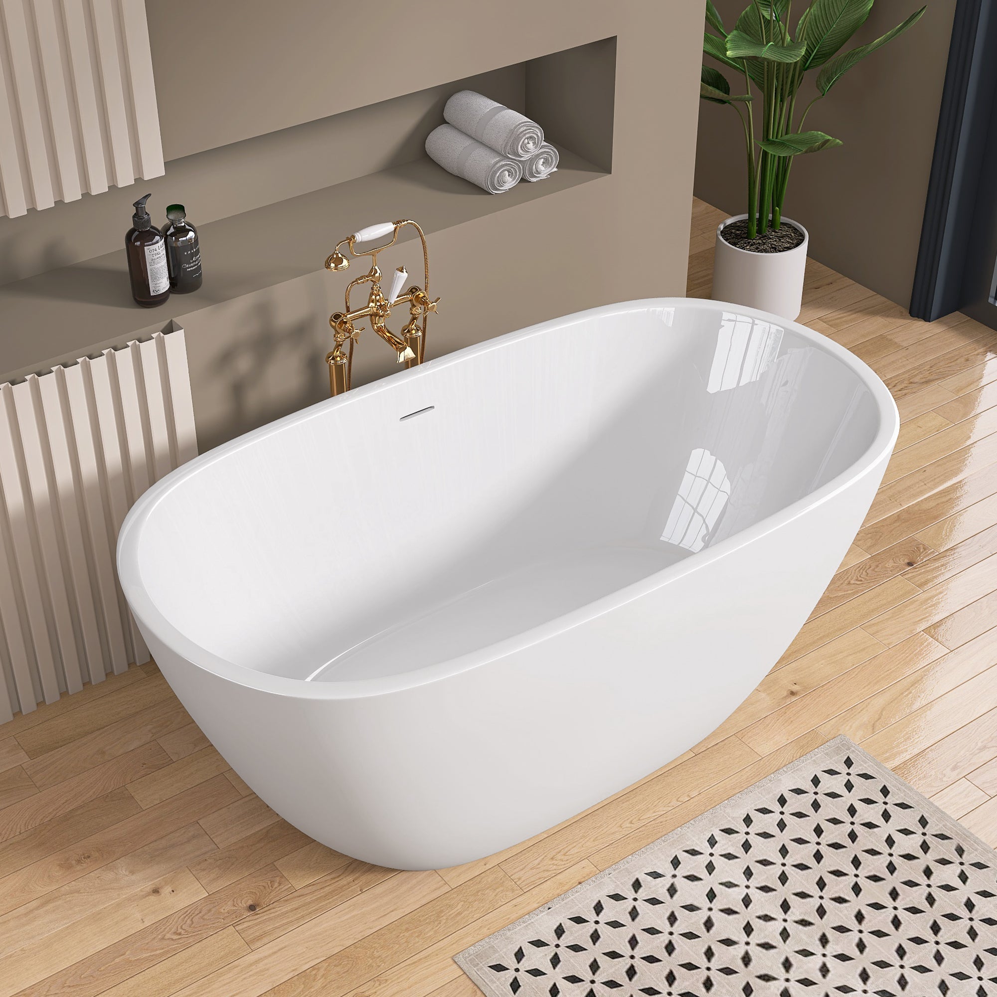 55" Acrylic Freestanding Bathtub Contemporary Soaking White Tub with Overflow and Pop-up Drain Matte White