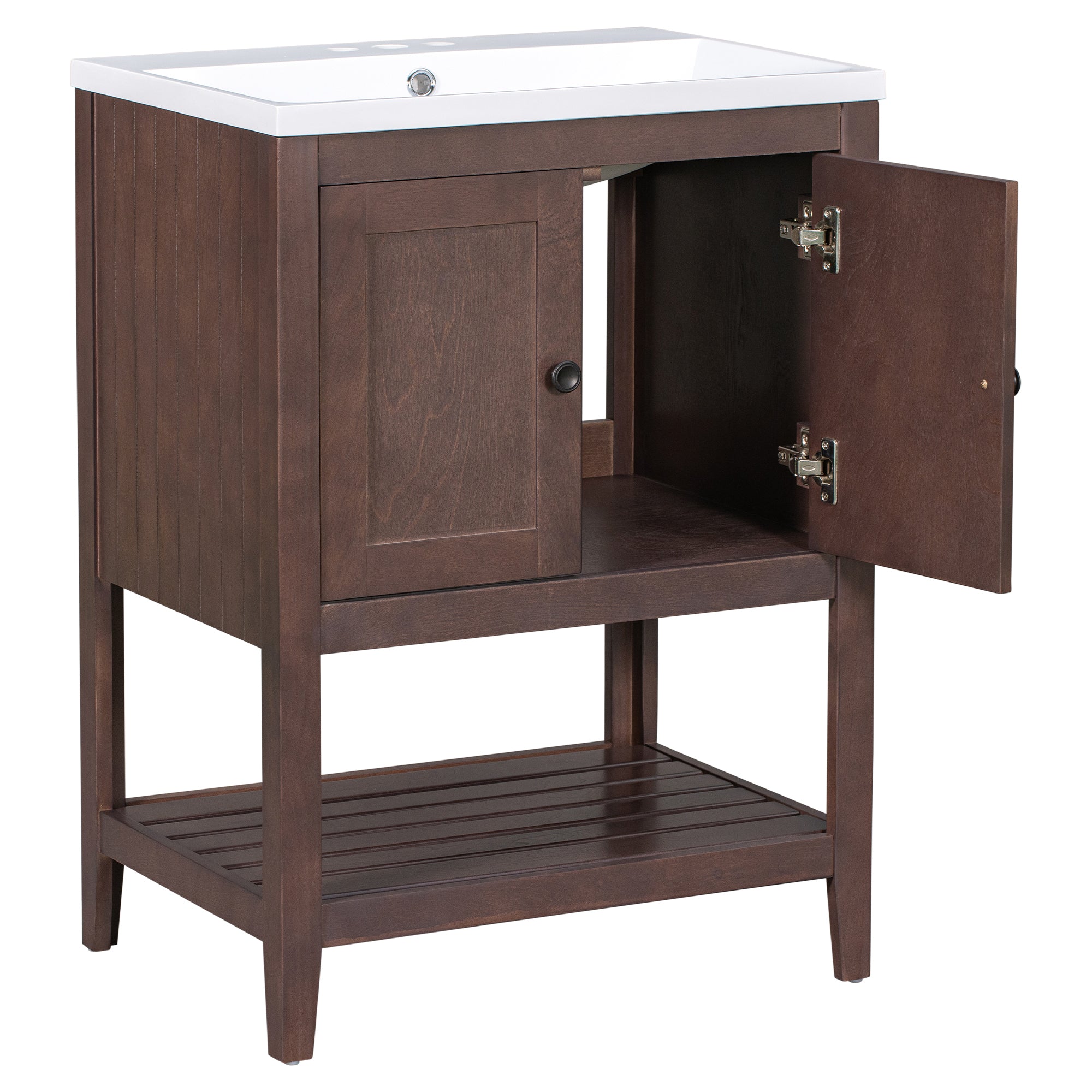 [VIDEO] 24" Brown Modern Sleek Bathroom Vanity Elegant Ceramic Sink with Solid Wood Frame Open Style Shelf (OLD SKU: JL000004AAD)