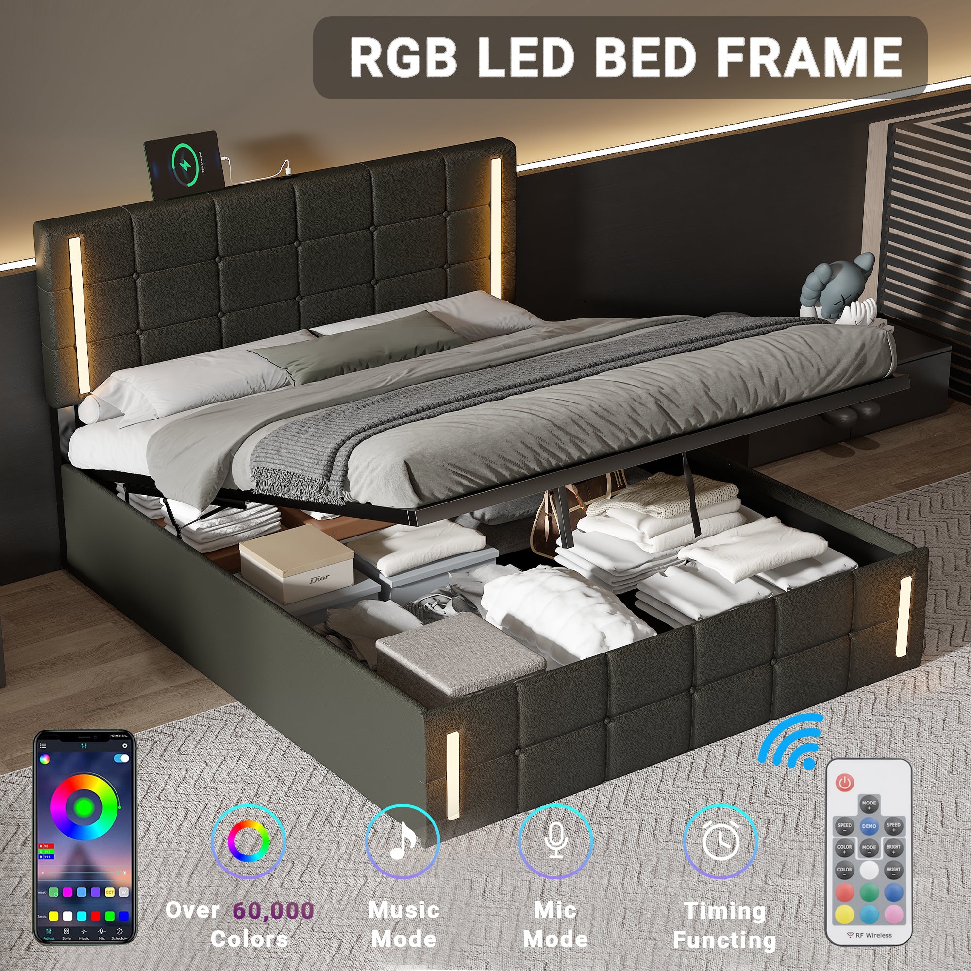 Queen Size Upholstered Bed with LED Lights,Hydraulic Storage System and USB Charging Station,Black