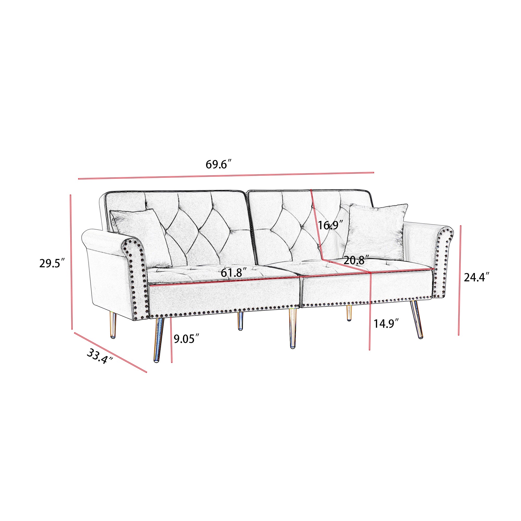 GREY Velvet Tufted Sofa Couch with 2 Pillows and Nailhead Trim